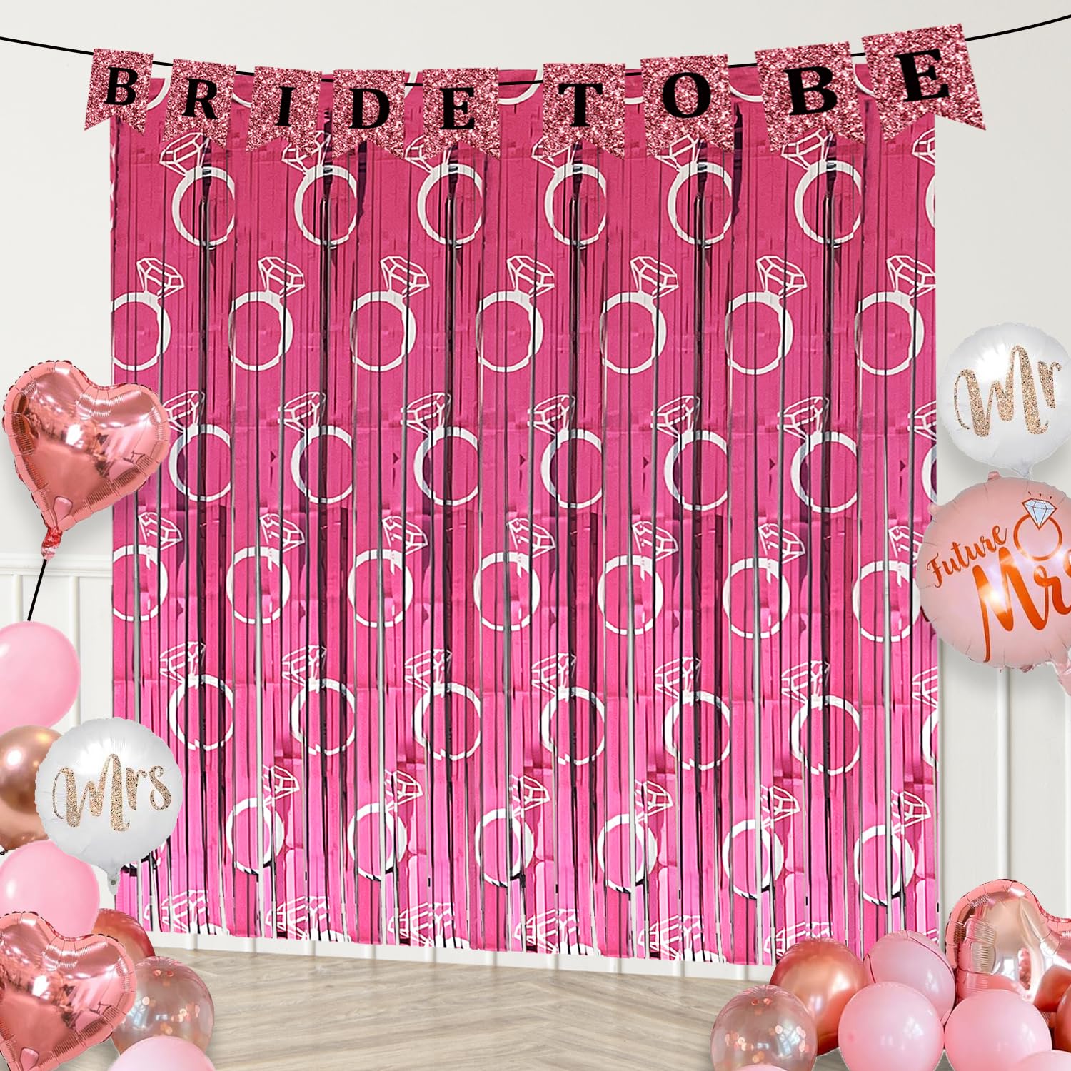 Bachelorette Party Decorations, 2 Pcs Diamond Ring Pink Backdrops Foil Fringe Curtain Tinsel Streamers for Bachelor Proposal Engagement Wedding Shower