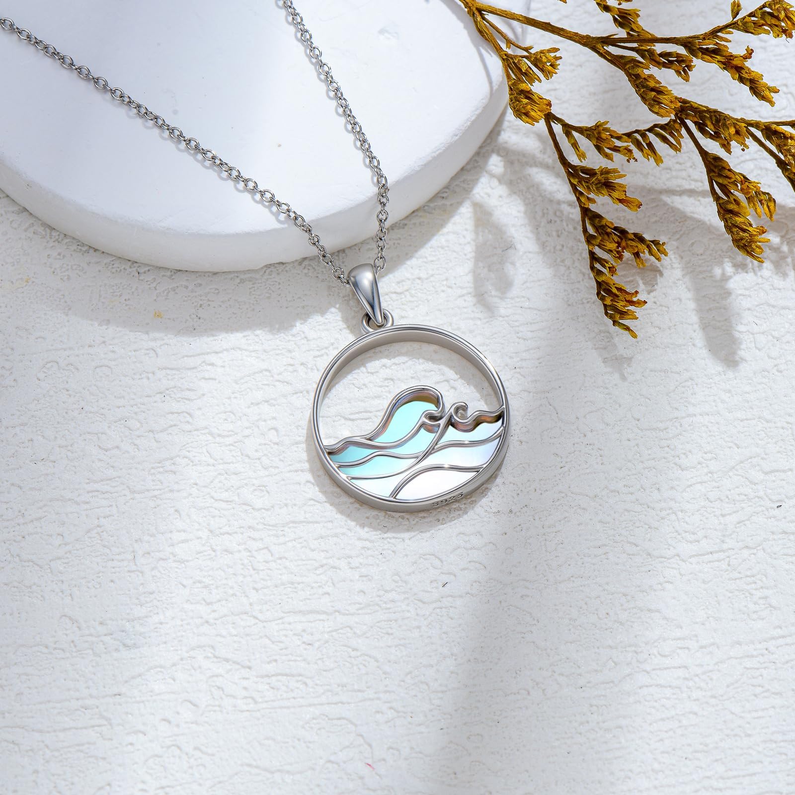 Mondstein Wellen Halskette Damen 925er Sterlingsilber Strand Anhänger Schmuck Geschenk für Meer- und Surf-Fans