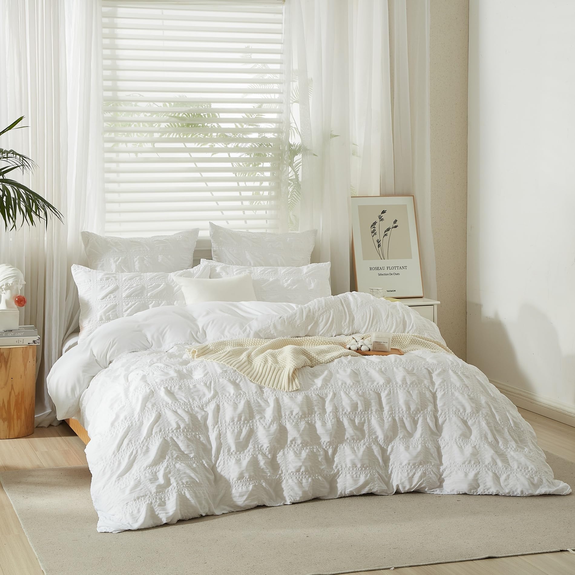 Gezu Seersucker - Funda nórdica de 220 x 240 cm, color blanco gofrado a cuadros estructurados, juego de funda nórdica de microfibra suave con 2 fundas de almohada de 65 x 65 con cremallera