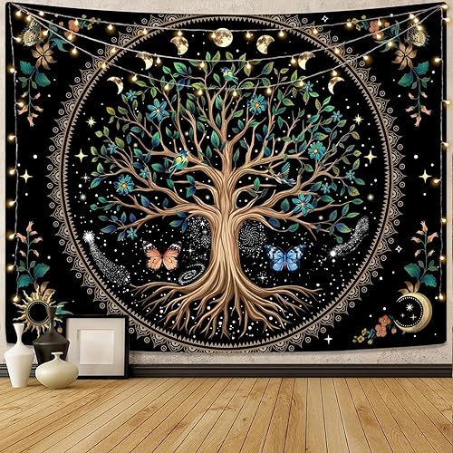 Miniatura 2 de Lunerfex Árbol de la vida, tapastry con diseño de sol y luna, diseño bohemio con mandala para colgar en la pared para dormitorio y sala de estar,
