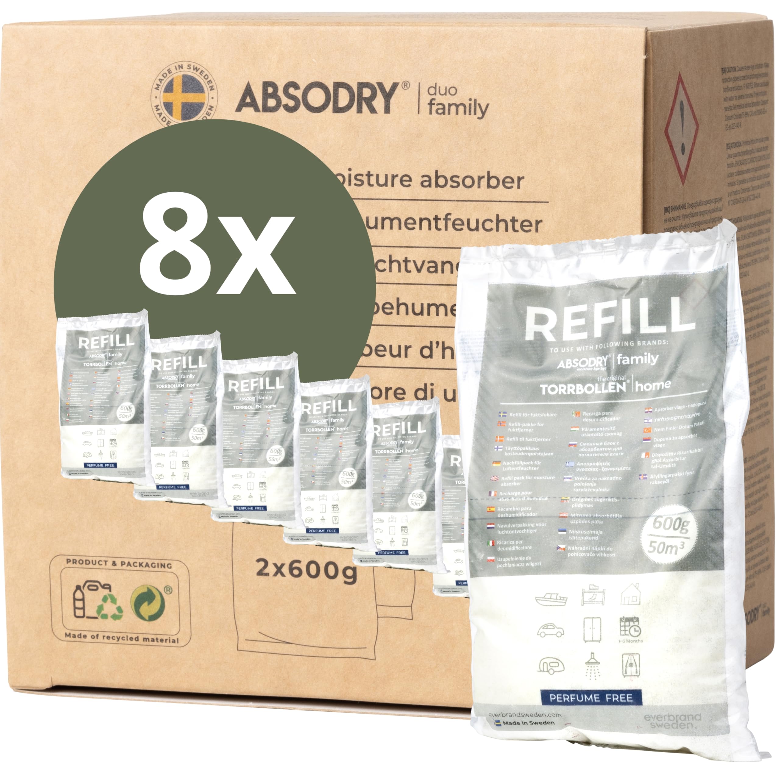AbsoDry Anti-Mould Air Dehumidifier Refill 8 x 600 g – Universal Compatibility – Prevents Odors & Retains Moisture – Moisture Absorber Refill