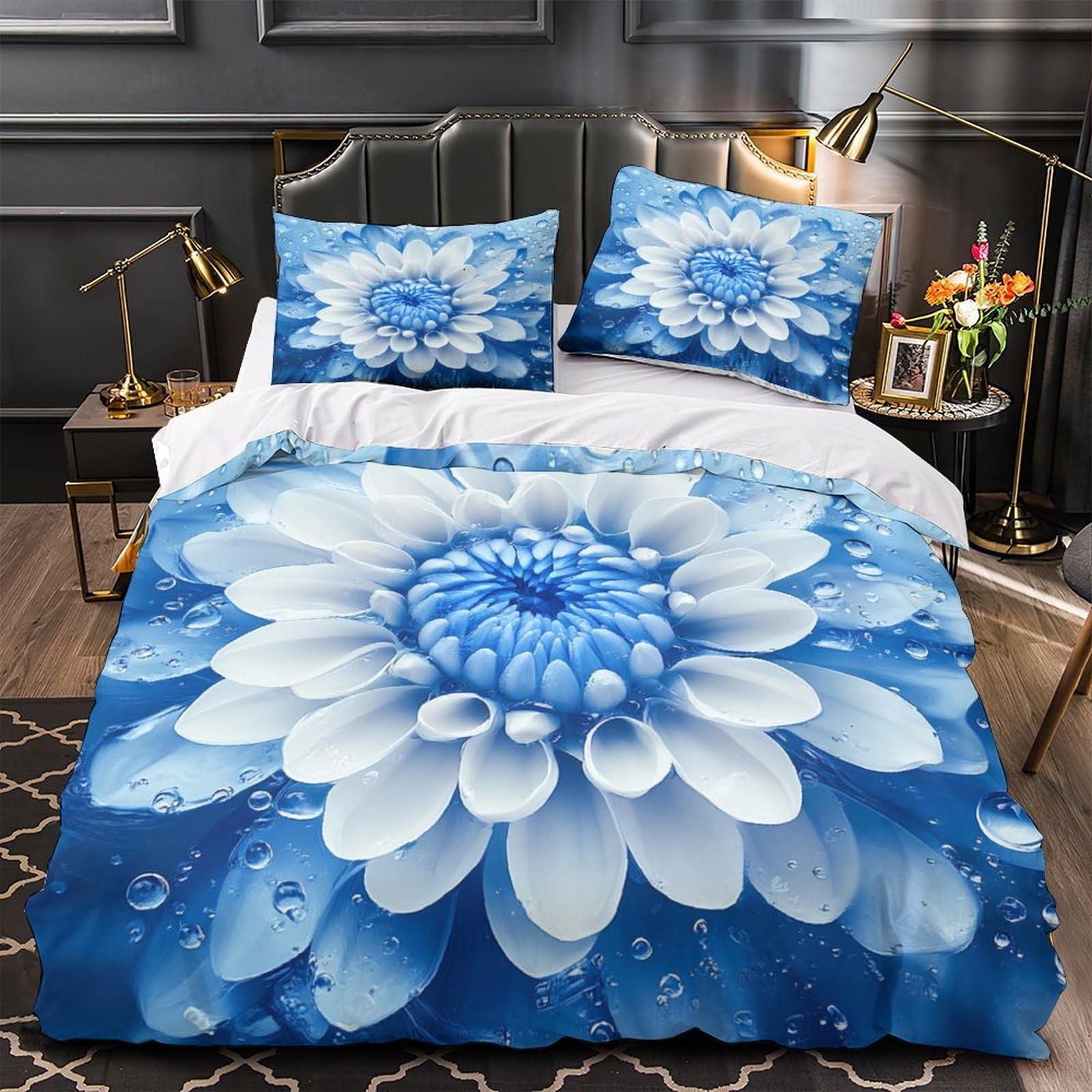 Housse de couette 3D chrysanthème bleu parure de lit microfibre douce floral abstrait 260x220cm