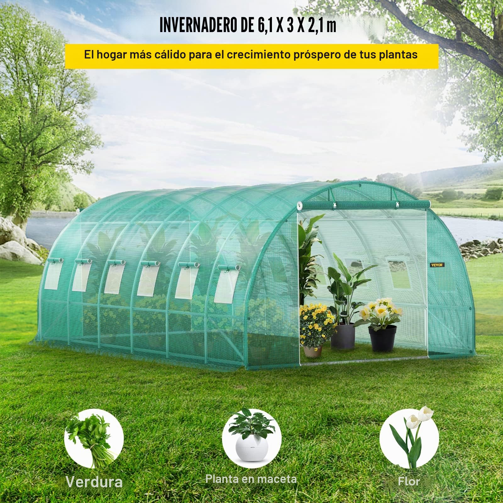 VEVOR Invernadero de Techo arqueado, 6,1 x 3 x 2,1 m, Marco de Acero galvanizado y Lona de Polietileno, túnel de Invernadero, Resistente al Agua y a los Rayos UV, Ideal para el Cultivo de Verduras y