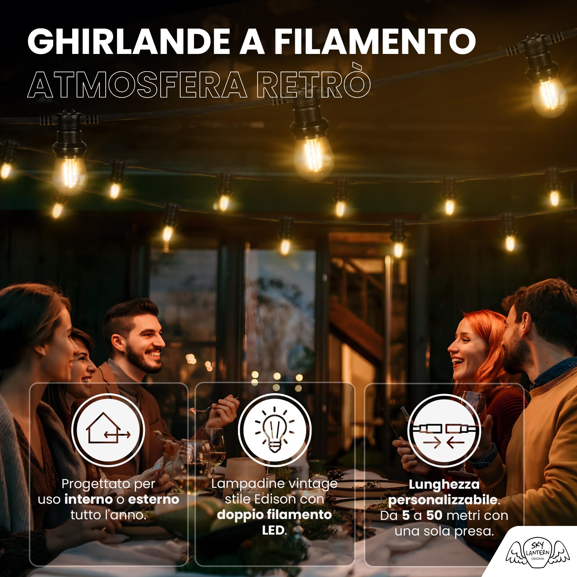 SKYLANTERN Catena Luminosa Esterno 100M 100 Lampadine LED E27 Bianco Caldo IP65 - Luci da Esterno Giardino Impermeabile Prolungabile - Ghirlanda Luminosa Matrimonio Terrazza