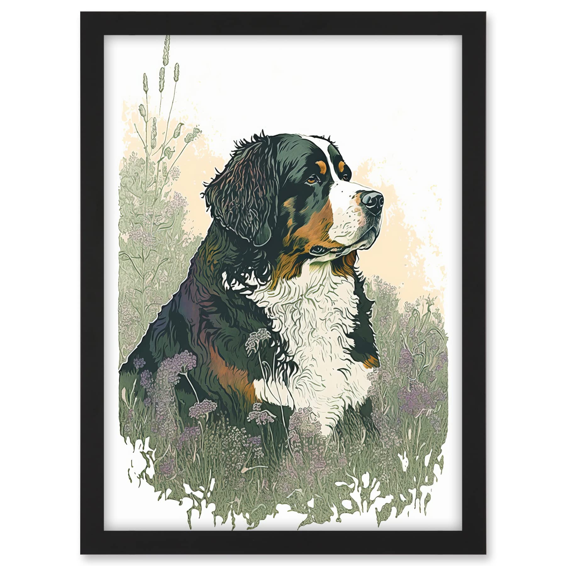Artery8 Bernese Mountain Dog in Wild Flower Field Watercolour Illustration Artwork Framed A3 Wall Art Print