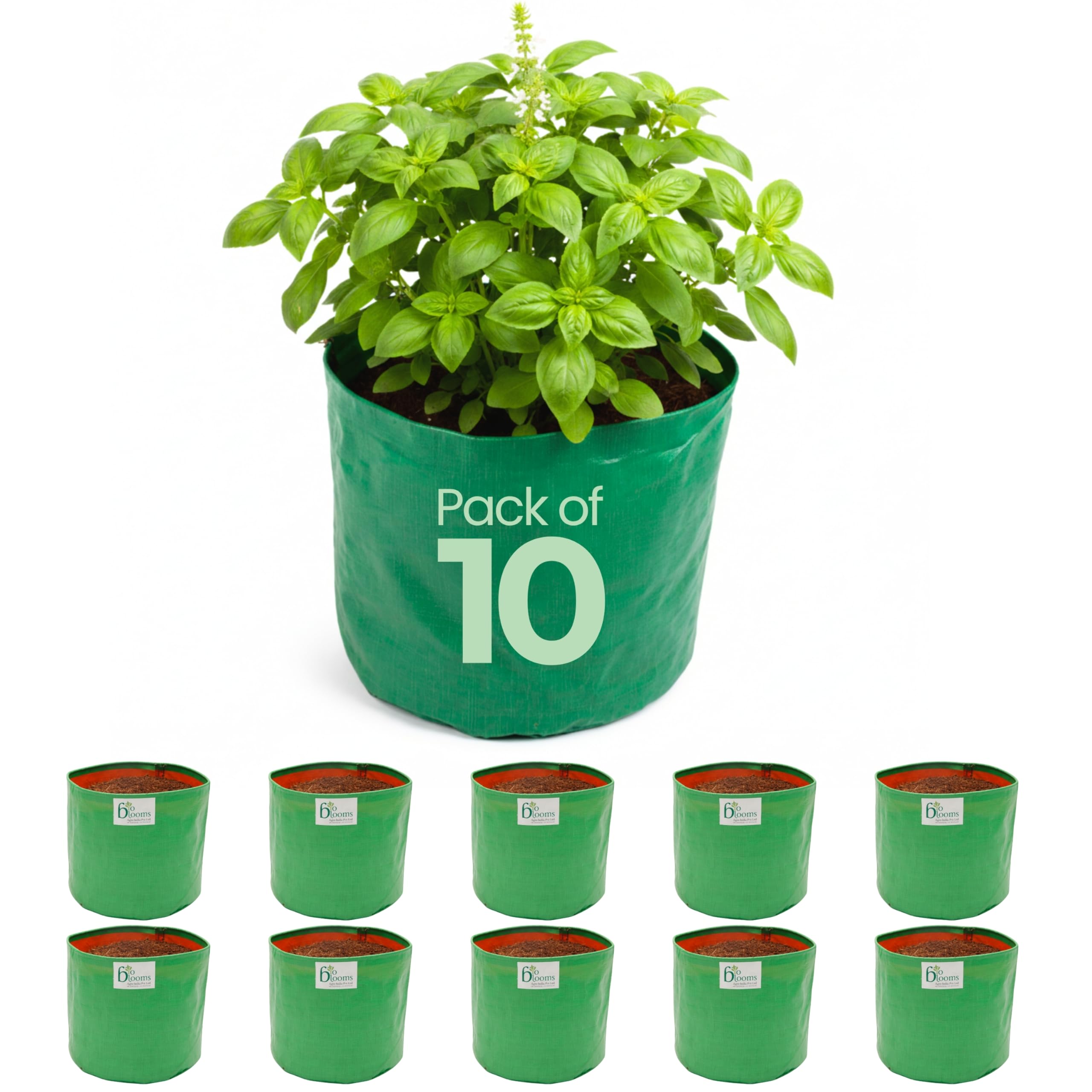 Bio Blooms Agro India Pvt.Ltd. 18X18Inch HDPE Plant Grow Bags for Terrace Gardening | Pack of 10 | Green & Orange Color | Outdoor Use