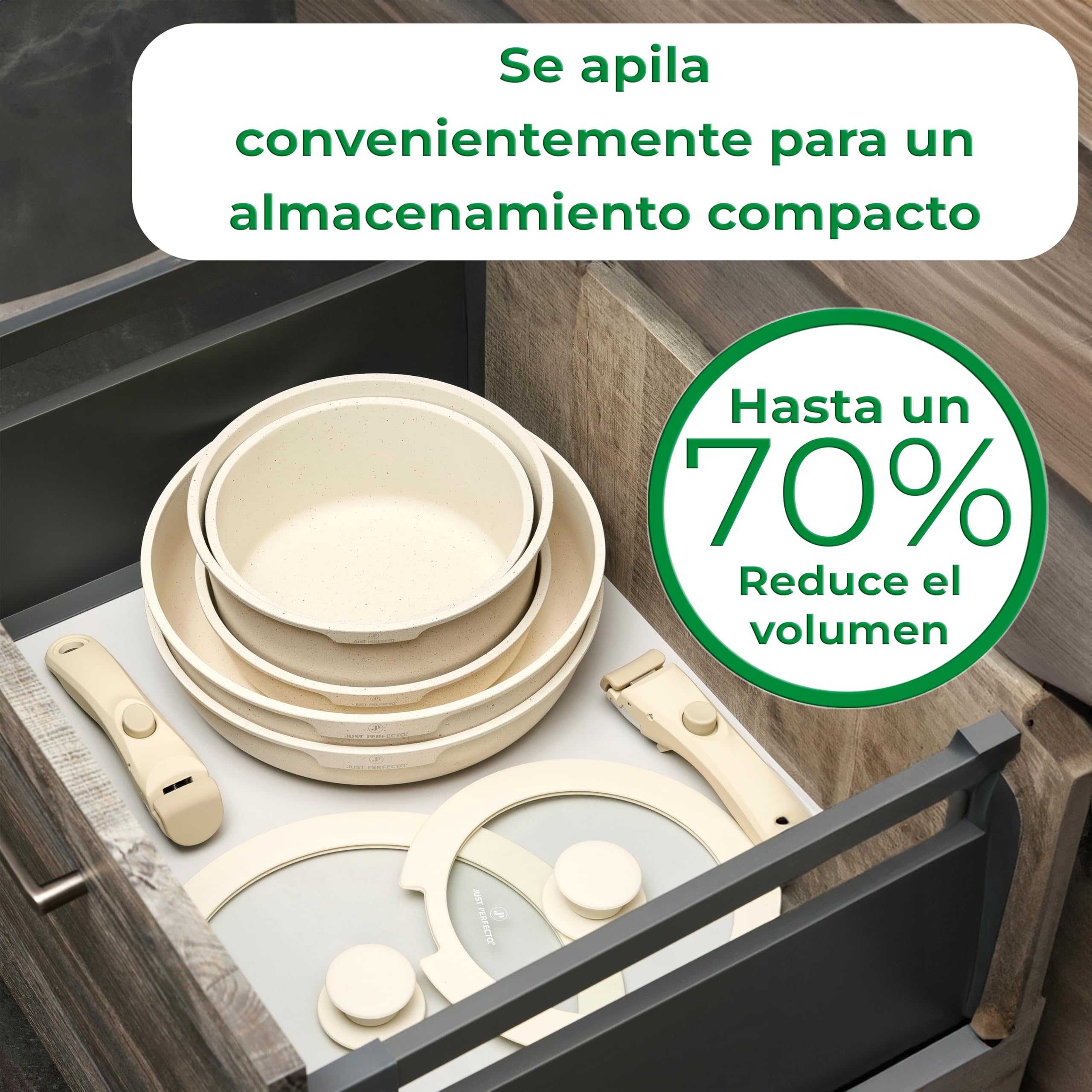 Just Perfecto Batterie de Cuisine 18 Pièces Manche Amovible JL-996, Beige | revêtement antiadhésif sans PFOA, manche amovible, compatible tous feux dont induction, empilable