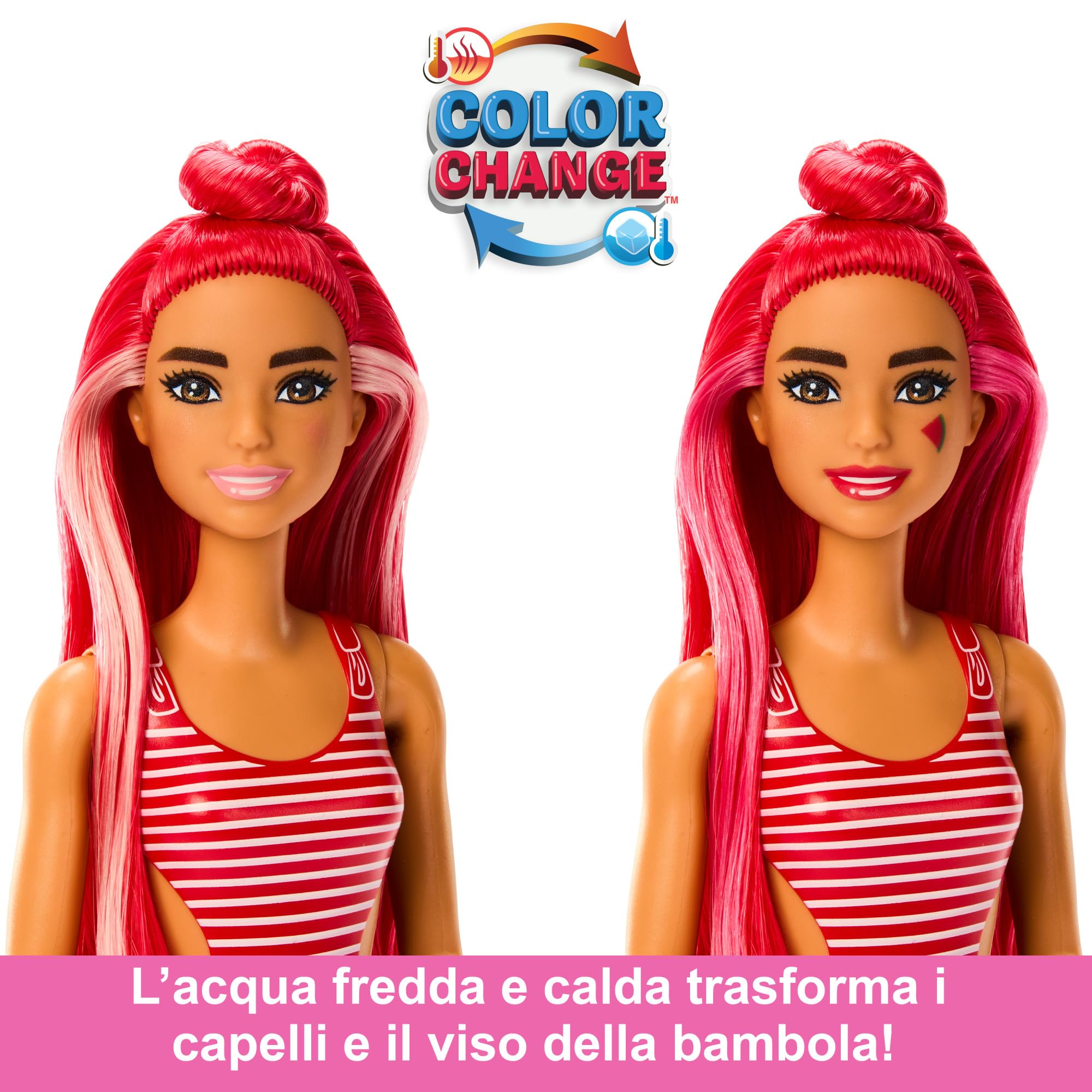 Barbie - Pop Reveal Serie Frutta, Bambola a Tema spremuta di Anguria con 8 sorprese profumate e con Effetto Cambia Colore, Cucciolo e Accessori Slime Inclusi, Giocattolo per Bambini, 3+ Anni, HNW43