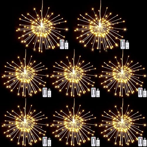 Tuanse Paquete de 8 luces en forma de explosión de estrellas, luces LED de hadas de fuegos artificiales para colgar al aire libre, funciona con