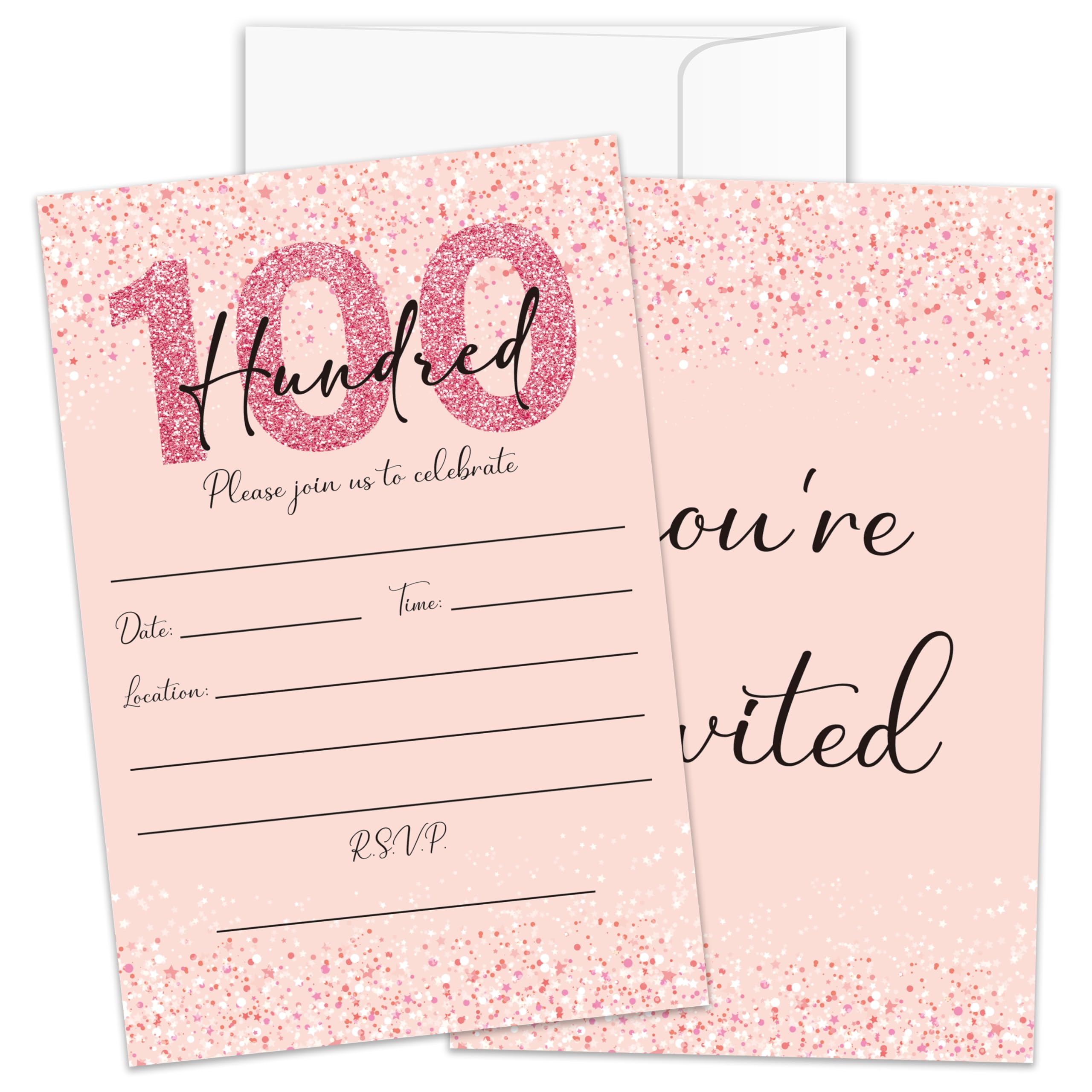 Jdgbo Pink And Rose Gold Glitter 100th Birthday Invitations, 4x6 Invitations With Envelopes, 100 Years Old Birthday Invites For Women (20 Pack) -bir07