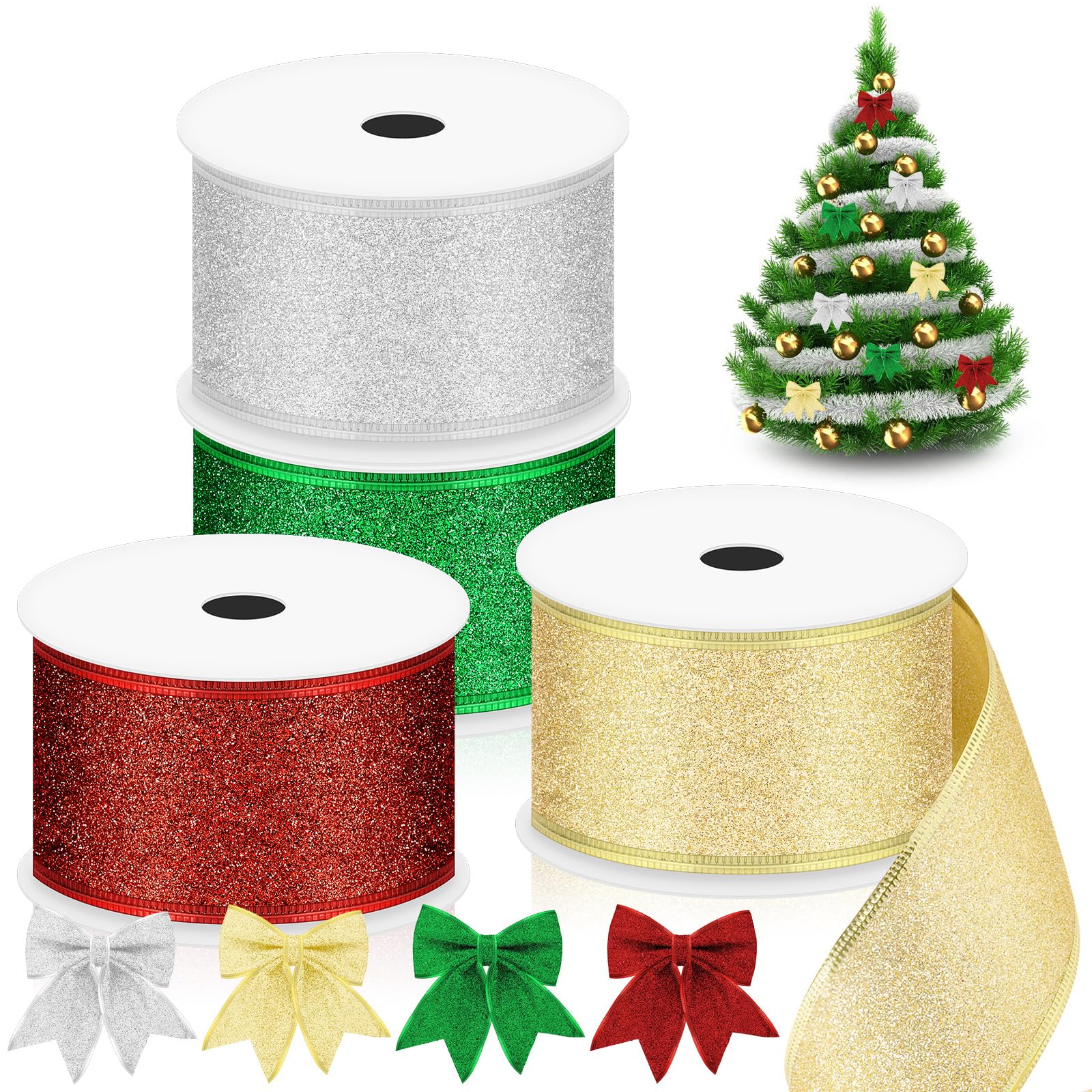 Glarks 4 Rolls 5cm x 10m Glitter Wired Ribbon with Metallic Edge, Red/Green/Silver/Golden Metallic Glitter Fabric Wrapping Ribbons with Wired Edge for Christmas Tree Decoration, Ribbon Garland