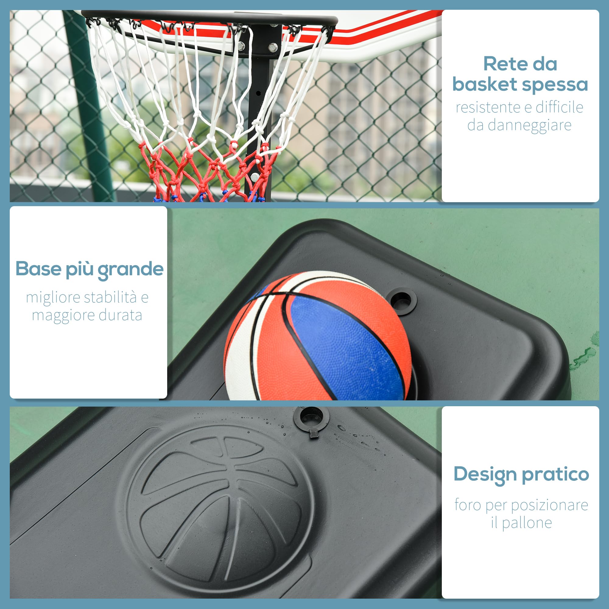 HOMCOM Canestro da Basket da Esterno con Supporto e Altezza Regolabile in Acciaio, 73x49x194-249 cm