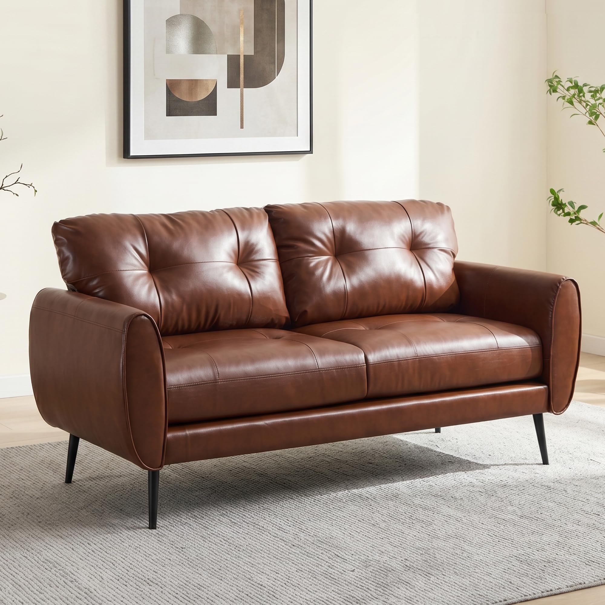 ROCSUMOO Kleiner 2-Sitzer-Sofa, Modernes Brauner Ledersofa, Comfy 2-sitzige Couch kunstledercouch 2er für Kleinwohnungen Wohnzimmer Schlafzimmer (Braun, 1er Set)