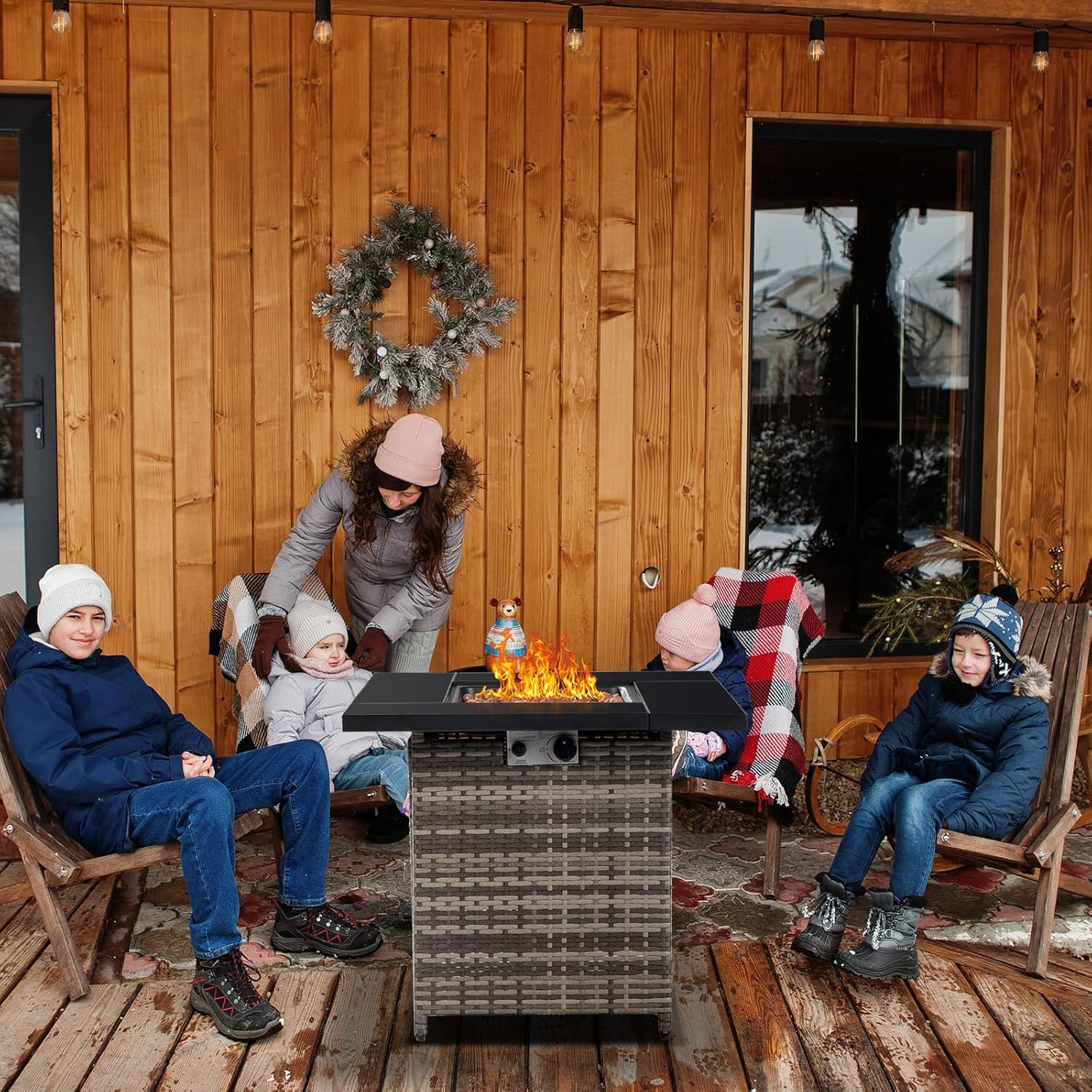 28-Inch Outdoor Propane Fire Pit - 2 in 1 Fire Table with Spliced Metal Tabletop and Pit Lid - 50000 BTU Gas Firepit Table with Lava Rocks - Square Outdoor Firepit for Patio, Deck, Garden - Black/Gray