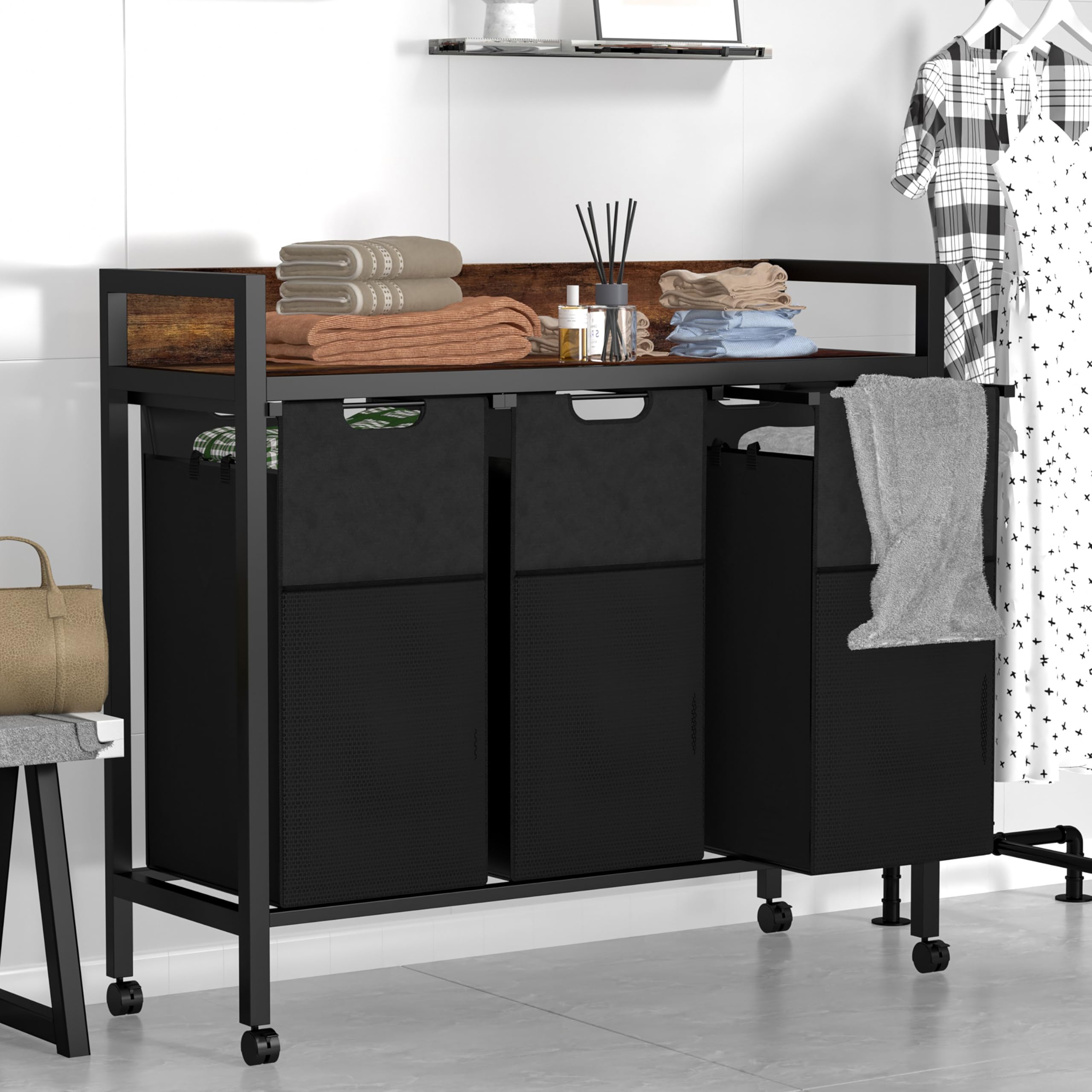 Serxis Laundry Sorter 3 Section,360°Rolling Laundry Basket,3 Pull-Out and Removable Oxford Fabric Laundry Bags(144L),Rustic Brown and Black