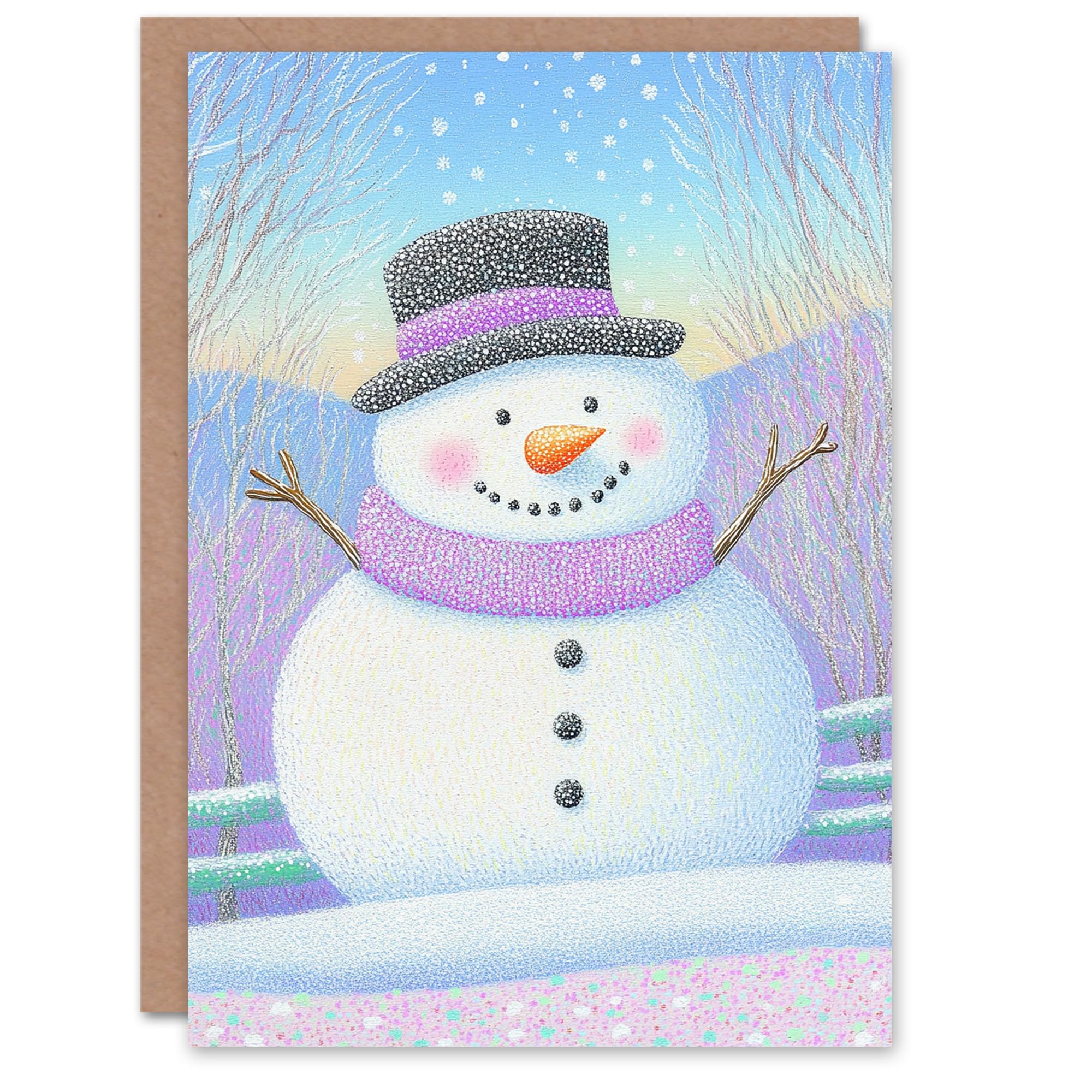 Cute Snowman Pastel Purple Winter Countryside Festive Xmas Christmas Card