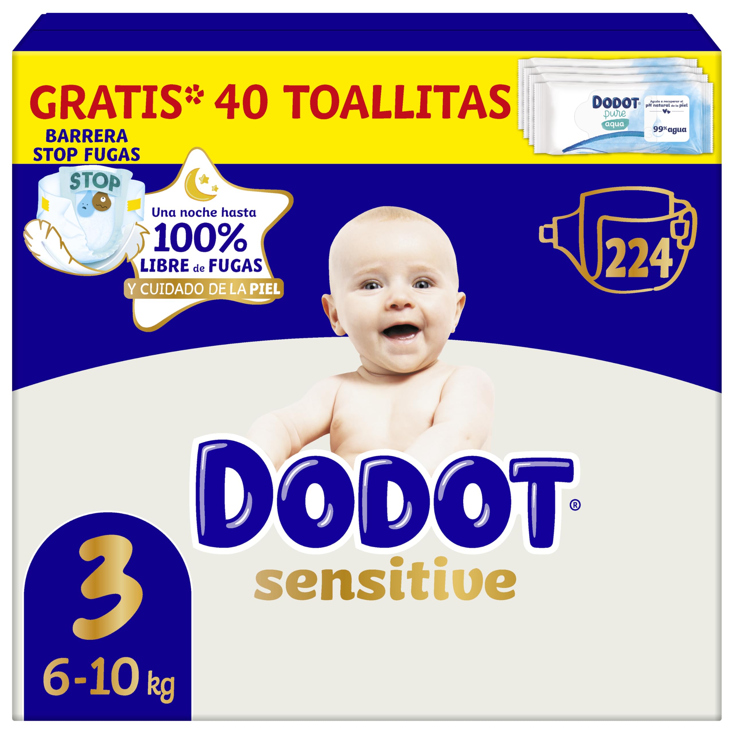 Dodot Pañales Bebé Sensitive, Talla 3 (6-10 kg), 224 Pañales + 1 Pack de 40 Toallitas Regalo de Aqua Plastic Free, Nº1 en Protección de la Piel deDodot, Pack Mensual