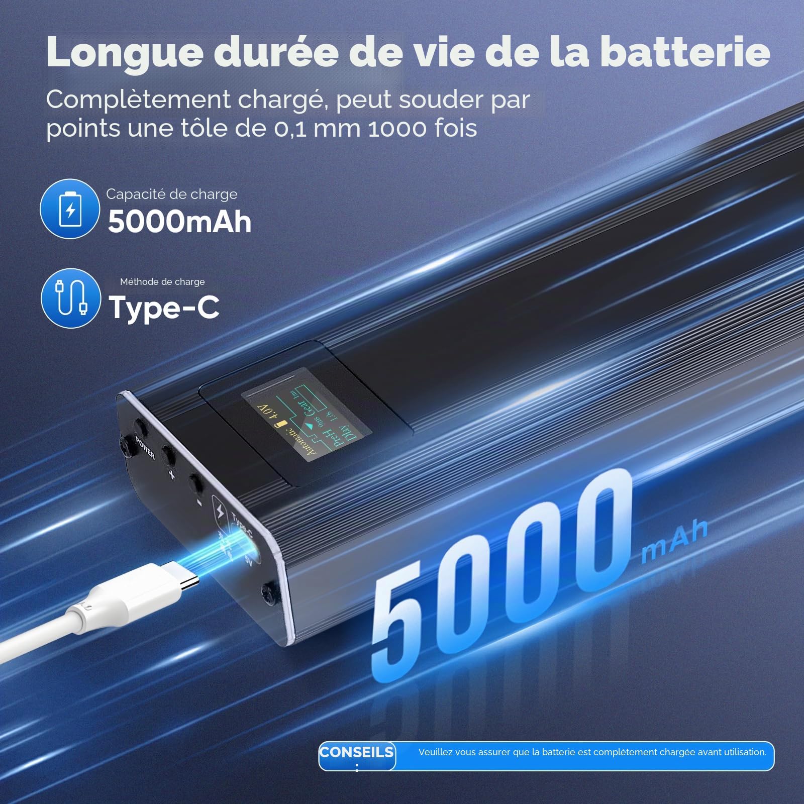 Soudeur par Points avec Batterie 5000 mAh, écran OLED, chargement Type-C, Automatique et Manuel, 80 Vitesses