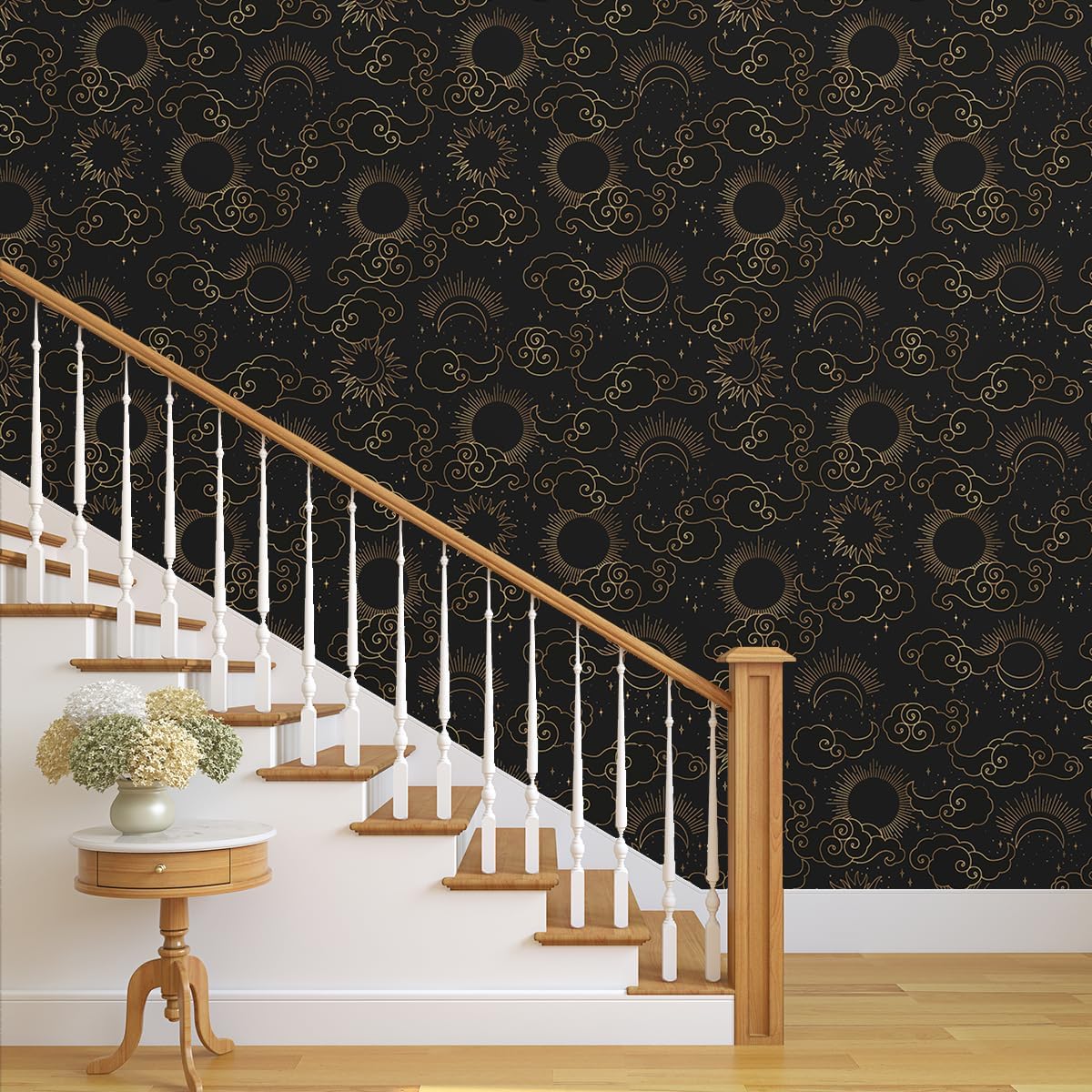 Vintage Black Background Gold Patterned Wallpaper 17.71"x118.1" Peel and Stick Wall Paper Waterproof Vinyl Matte Contact Paper for Bookshelves Closet Shelving Flooring