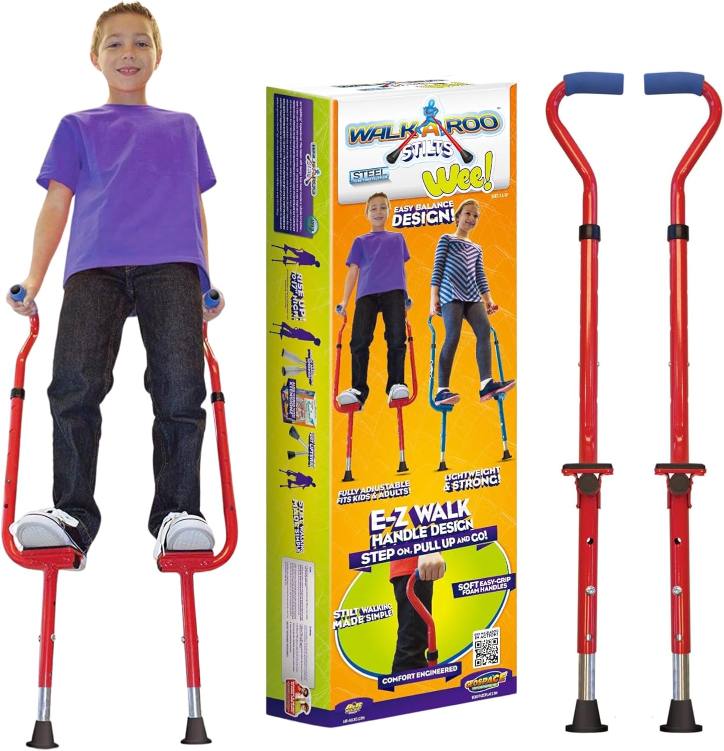 Geospace Original Walkaroo Steel 'Wee' Balance Stilts with Adjustable Height for Little Kids & Beginners (Ages 4+ and up to 120 lbs) for Active Play & Excercise (RED)