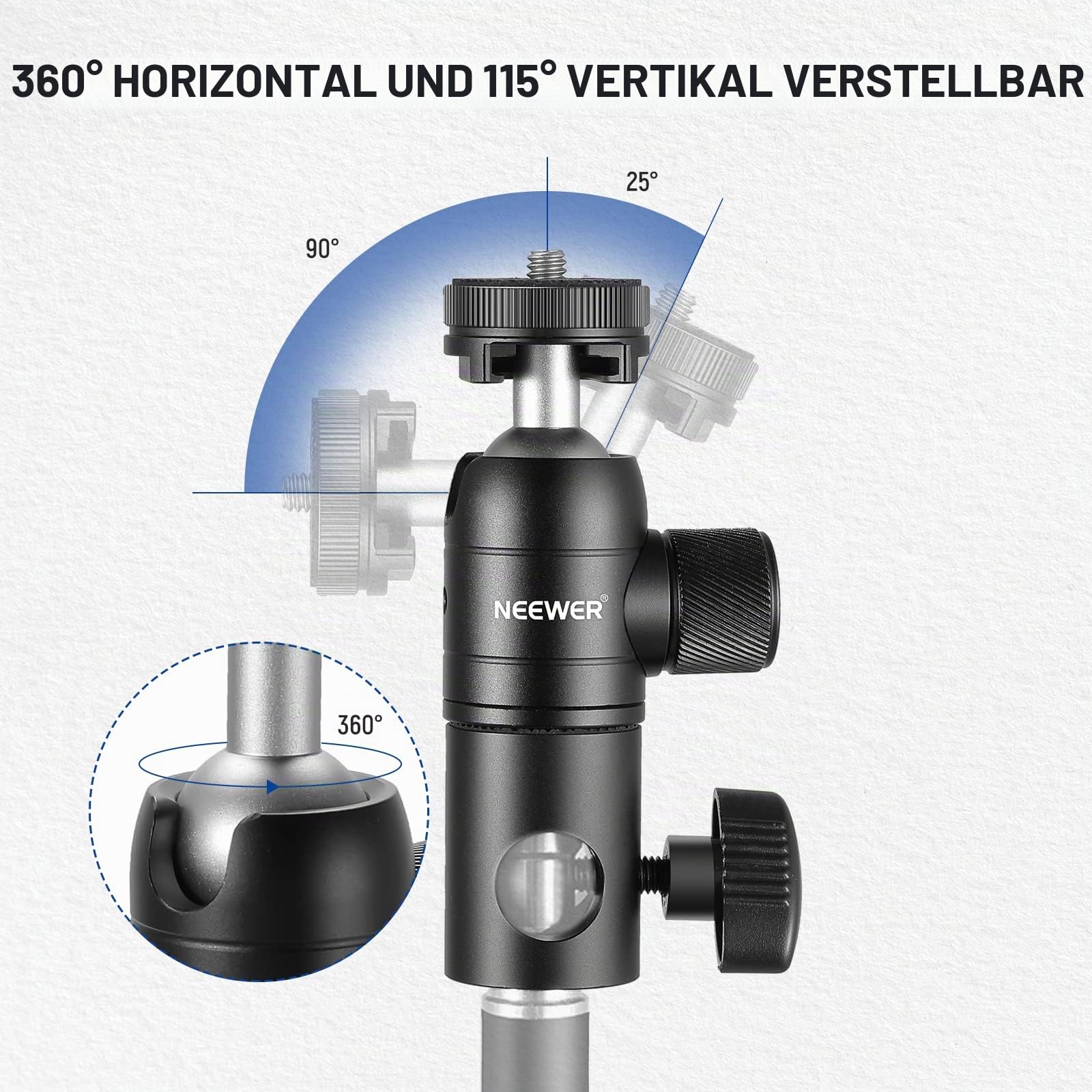NEEWER Lichtstativ-Adapter mit Kaltschuh, 6,35 mm (1/4 Zoll) Mini-Kugelkopf, wendbare Montageplatte für Kamera-Monitor-Ringlicht, passend für Flachkopf/Galgenarm/C-Ständer, maximale Traglast 10 kg, 2