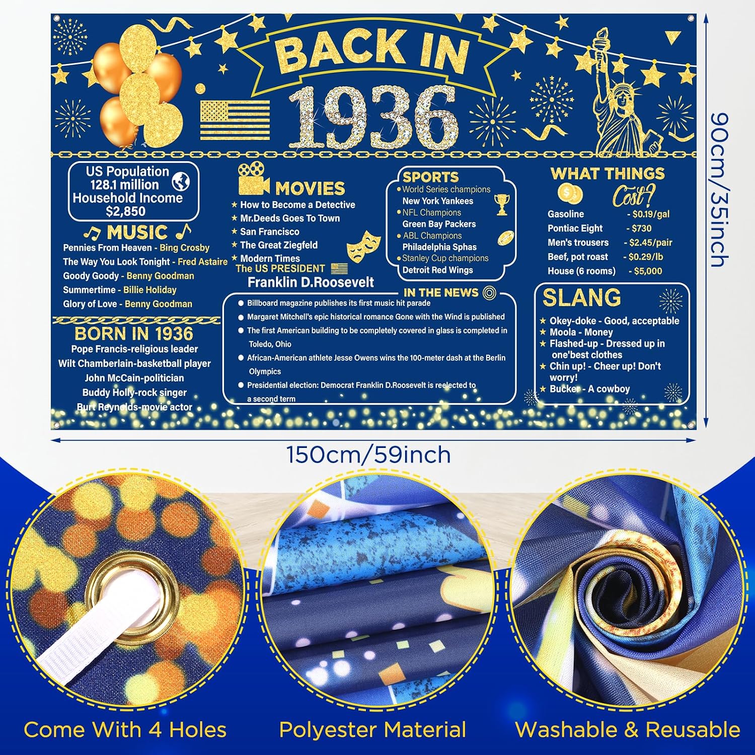 90th Birthday Decorations for Men Women Navy Blue Gold Vintage Back in 1936 Banner Happy 90th Birthday Honeycomb Centerpiece Hanging Swirls Sash Paper Pompoms Decor for Cheers to 90 Years Old Supplies