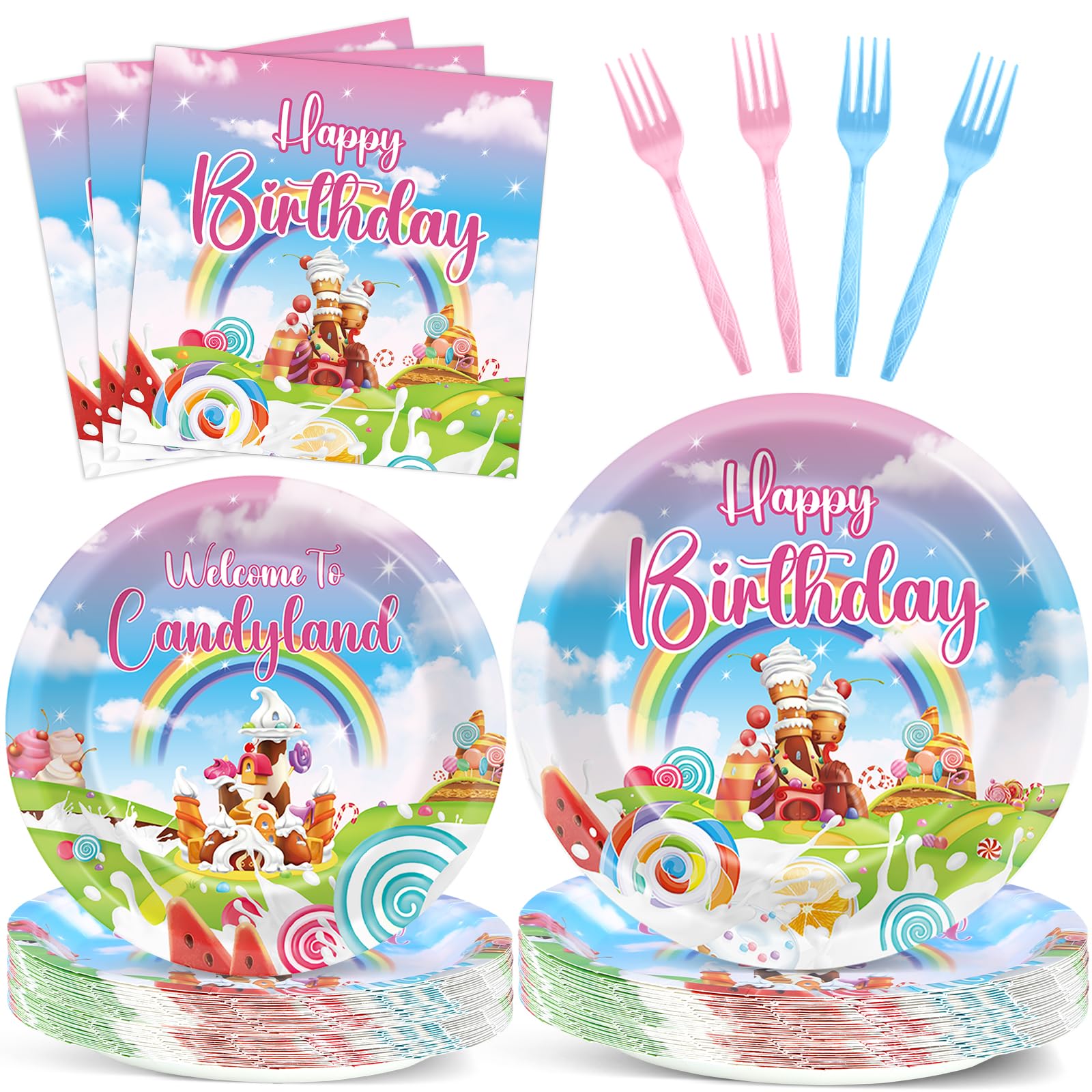 96Pcs Candyland Party Supplies Candyland Birthday Paper Plates Napkins Disposable Candy Land Party Decorations Sweet Candy Dinnerware Party Favor for Baby Shower Birthday Party Tableware Serves 24