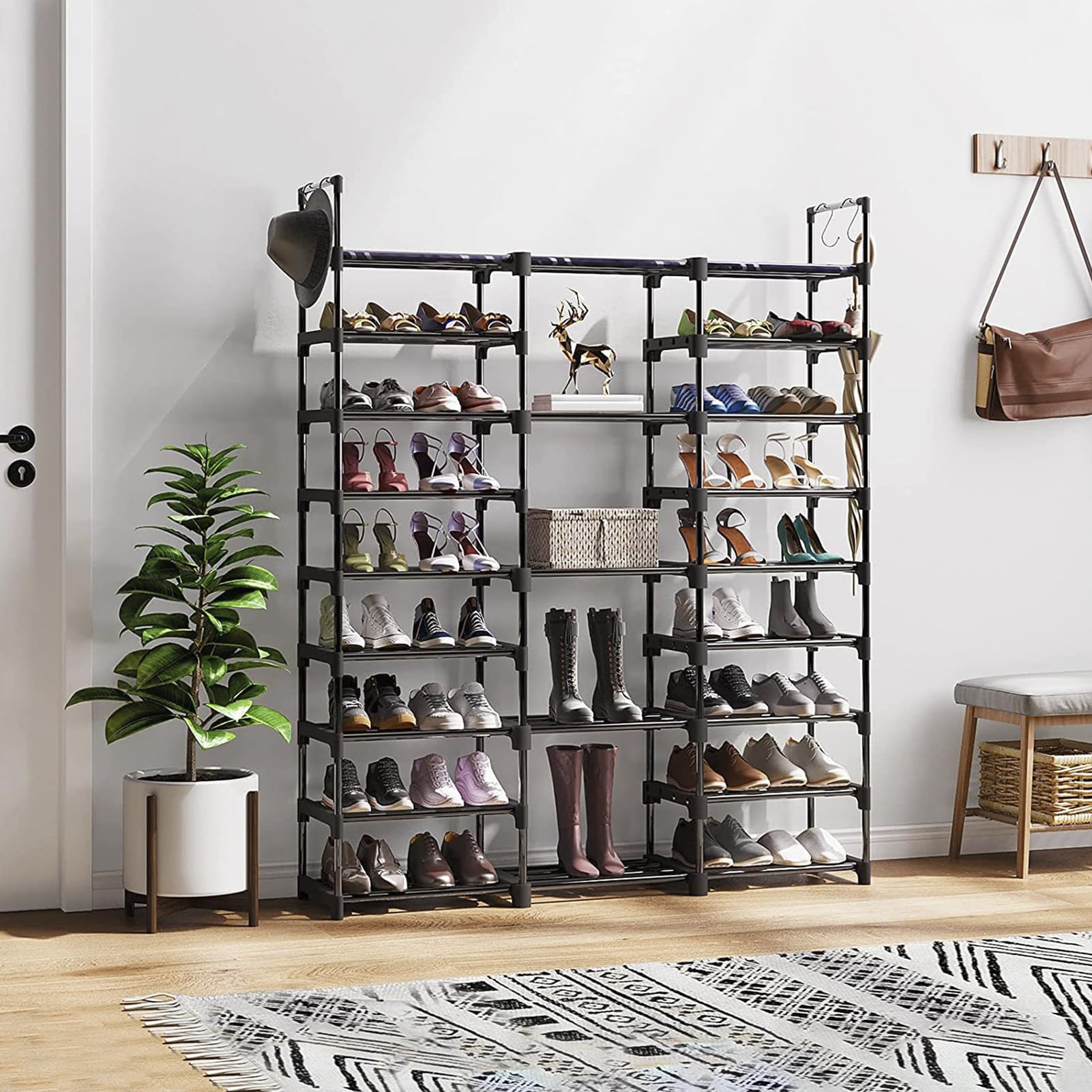 Scarpiera a 9 Livelli, Fai Da Te Porta Scarpe in Metallo con Ganci | può Contenere 50-55 paia di Scarpe e Stivali, Salvaspazio Scarpiera per Ingresso Soggiorno Guardaroba Camera da Letto, Nero