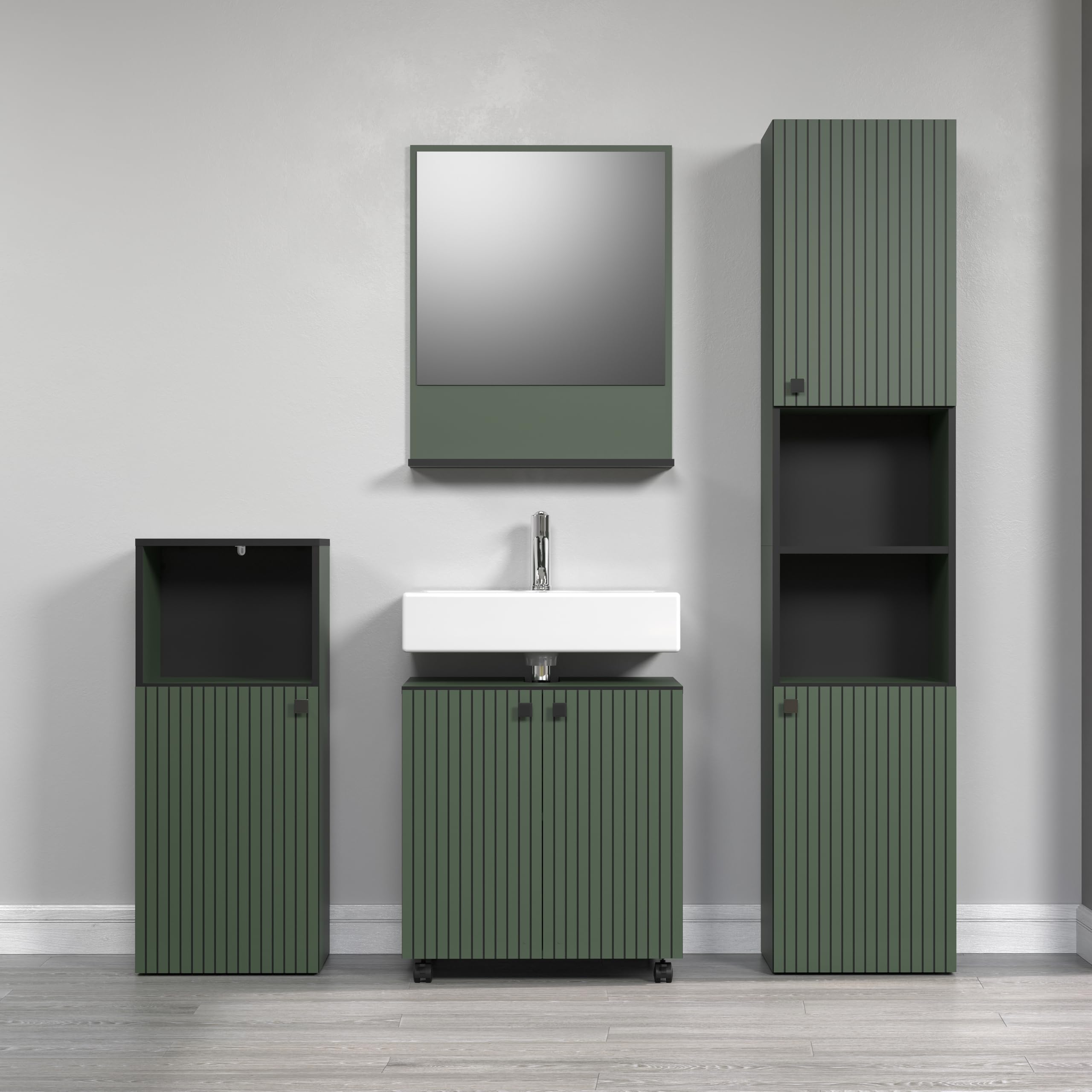 trendteam smart living - PureBliss – szafka pod umywalkę na kółkach – zielona – umywalka z półką wkładaną – (szer. x wys. x gł.) 60 x 64 x 42 cm – szafka łazienkowa o wyglądzie rowków – eleganckie