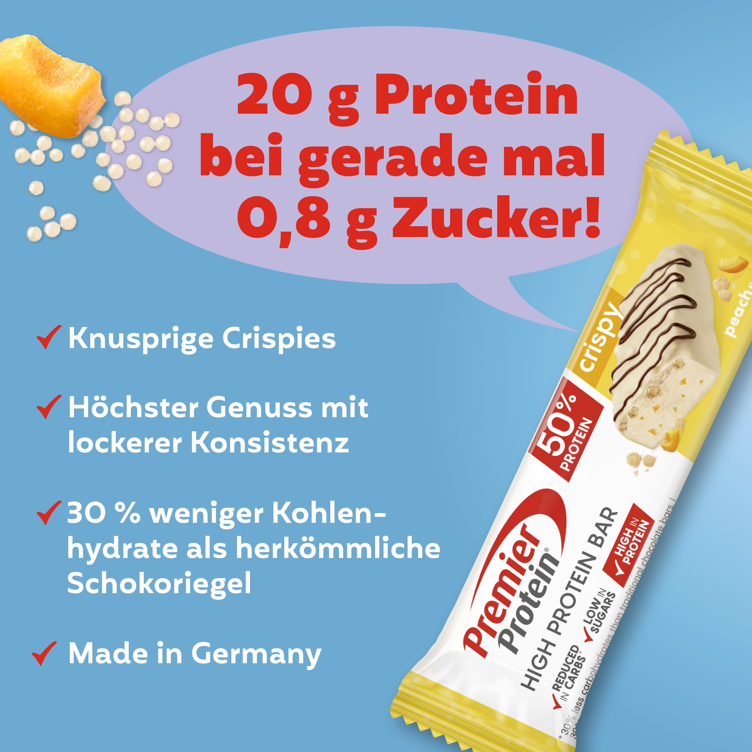 Premier Protein High Protein Bar Crispy Bundle – Crispy Peach (16x40g) + Crispy Cookie (16x40g)