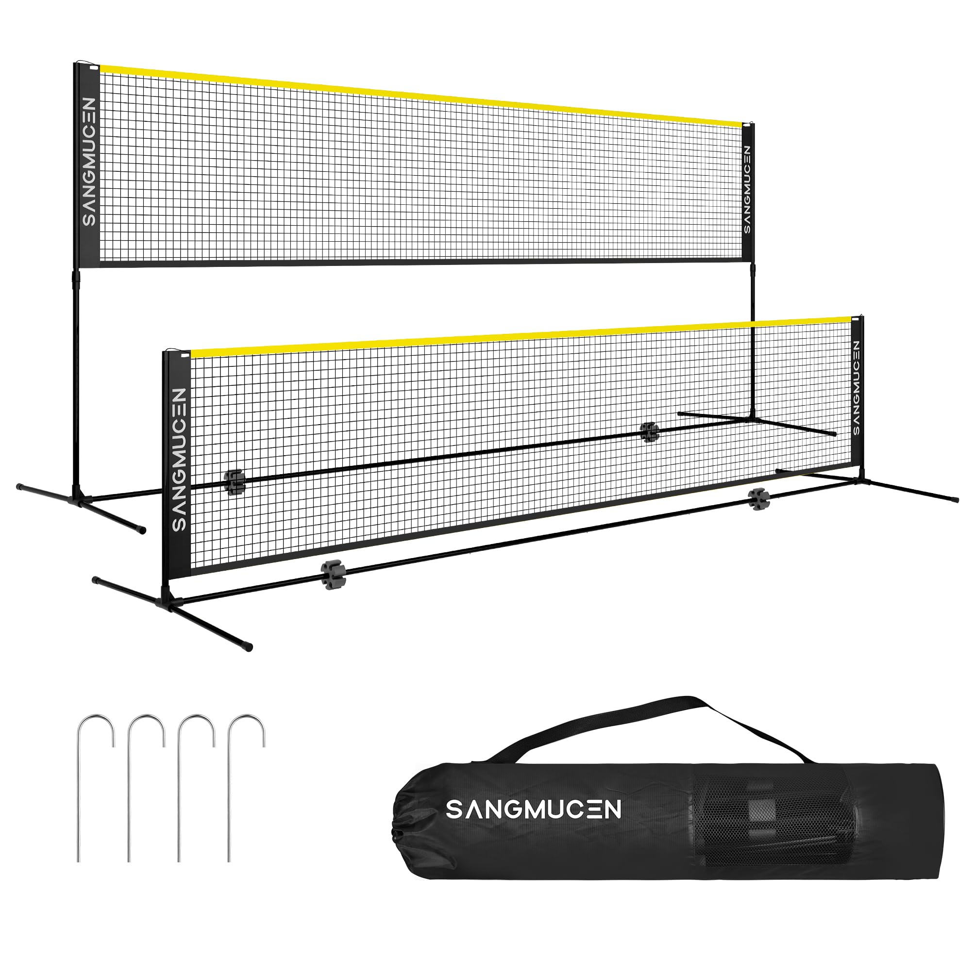 SANGMUCEN 4m Badminton Netz, Volleyballnetz Garten, höhenverstellbare Stangen, tragbares Set, leicht auf- und abbaubar Ideales Sportnetz für Tennis, Badminton oder Volleyball Schwarz und Gelb TBN004Y