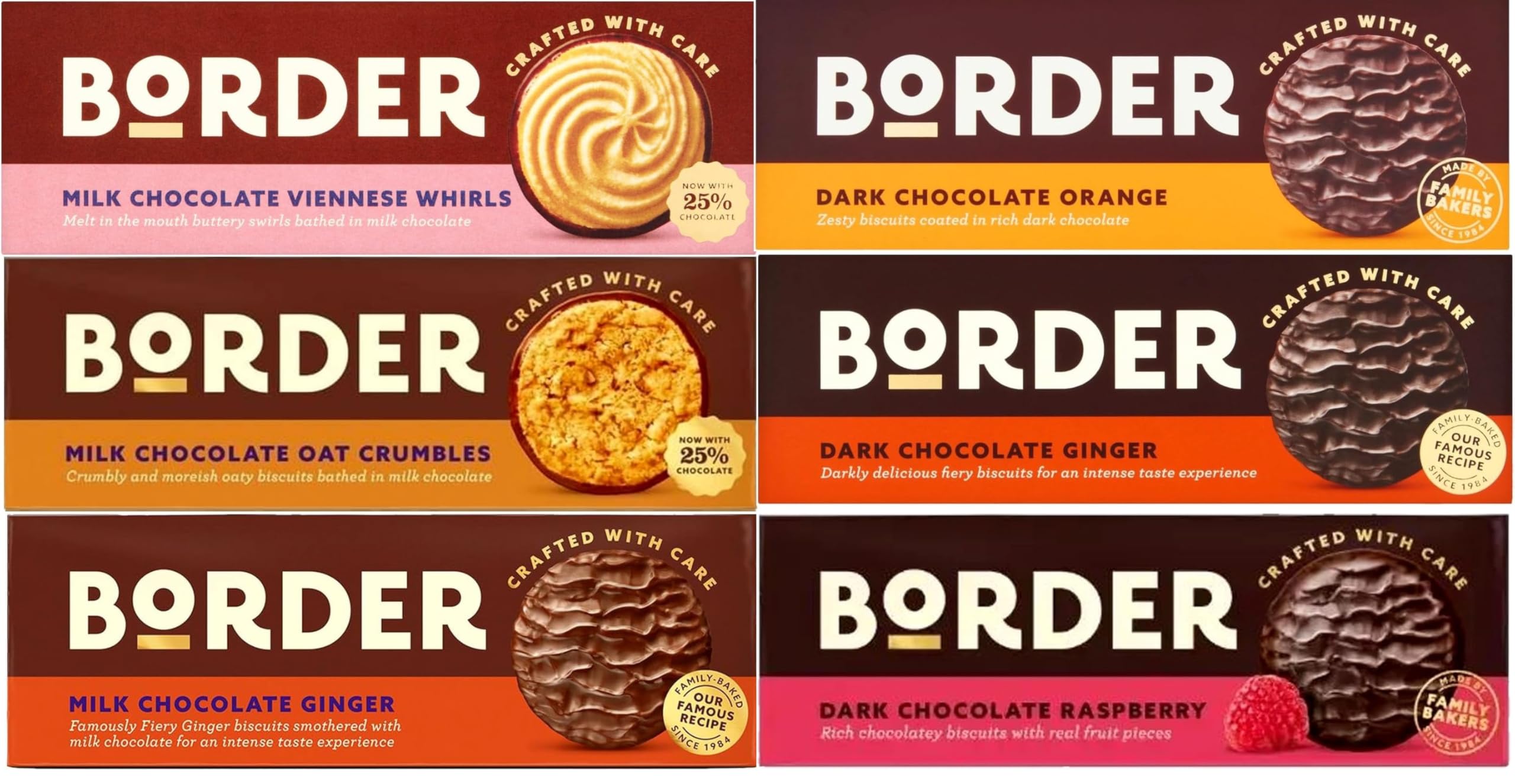 Borders Bundle 6 x 150g Pack of Chocolate Biscuits Viennese Whirls, Oat Crumbles, Gingers, Orange, Raspberry Biscuits. Ideal for Biscuits Lovers, Gift Idea
