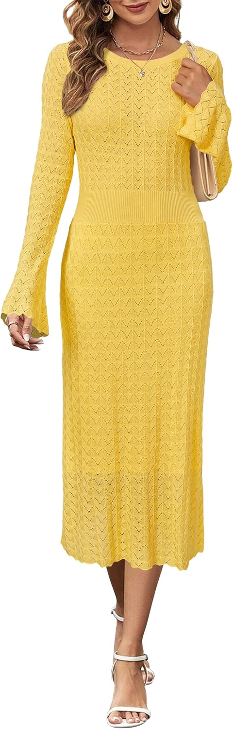 Newshows Women Winter Sweater Dresses 2026 Church Midi Long Sleeve Hollow Knit Modest Business Casual Outfits