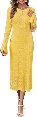 Newshows Womens Hollow Slim Summer Fall Church Work Casual Sweater Dress | Machine Washable Knit Sweater Fabric, Hollow Design, Bell Sleeve, Business Casual, Church Teacher Outfits, Modest Dress