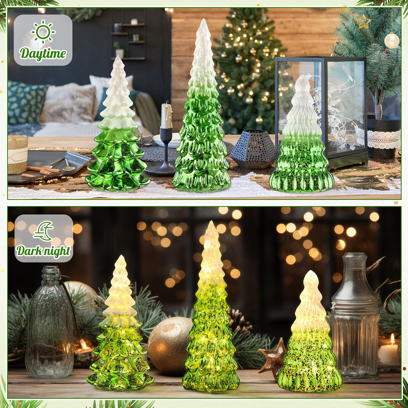 Funnymoom Confezione da 3 decorazioni per alberi di Natale in vetro sfumate illuminate con neve e glitter, regalo per casa, soggiorno, camino, tavolo, mantello, vacanze (verde)