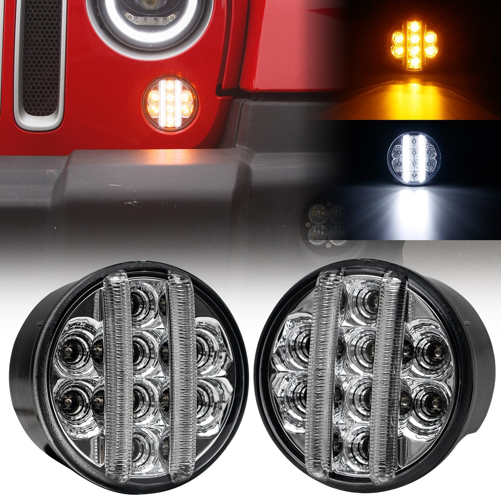 for JK Front Turn Signal LED Lights Running Lamps Compatible with Wrangler JK JKU 2007-2018,White Vertical LED Bar as Daytime Running Lights,Amber Yellow LED as Turn Signal Lights(Clear Lens)