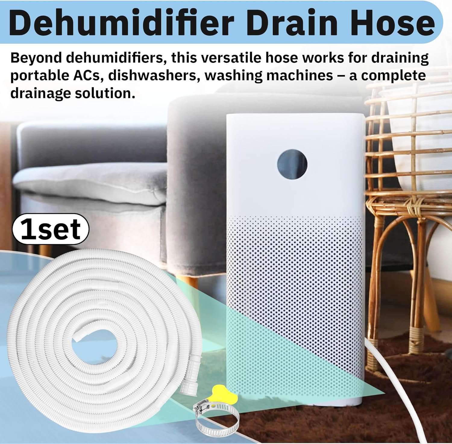 10 Ft Portable Dehumidifier Drain Hose | Universal Replacement Hose Kit with Cuttable Rubber Adapter & Clamp | Flexible 3/4" FHT Leakproof Discharge Hose for Most AC and Dehumidifiers
