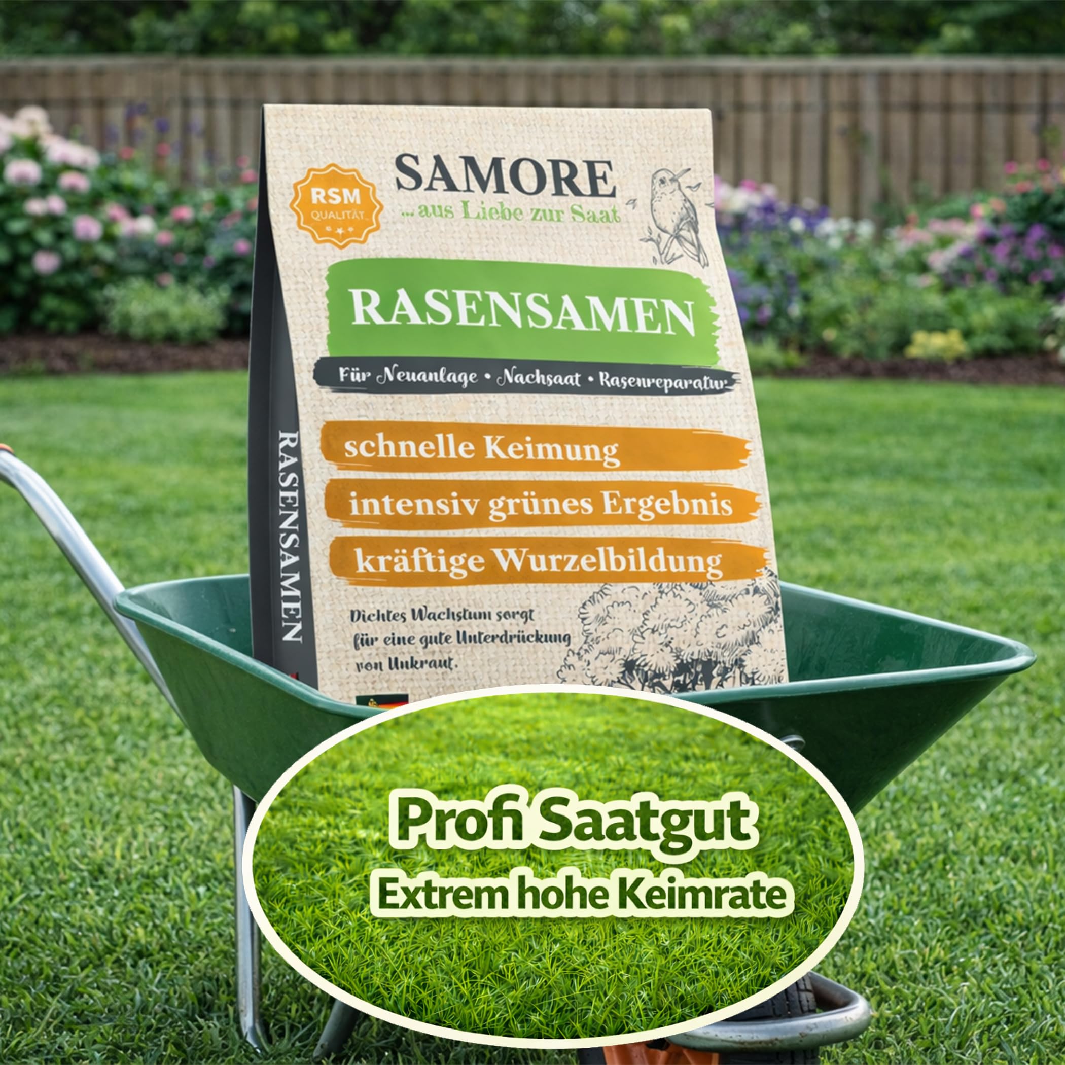 samore- Rasensamen schnellkeimend I Nachsaat Rasen I Extrem hohe Keimrate I Rasensamen trockenresistent zur schnellen Lückenschließung I Rasennachsaat RSM Qualität (10 kg für 500 m²)