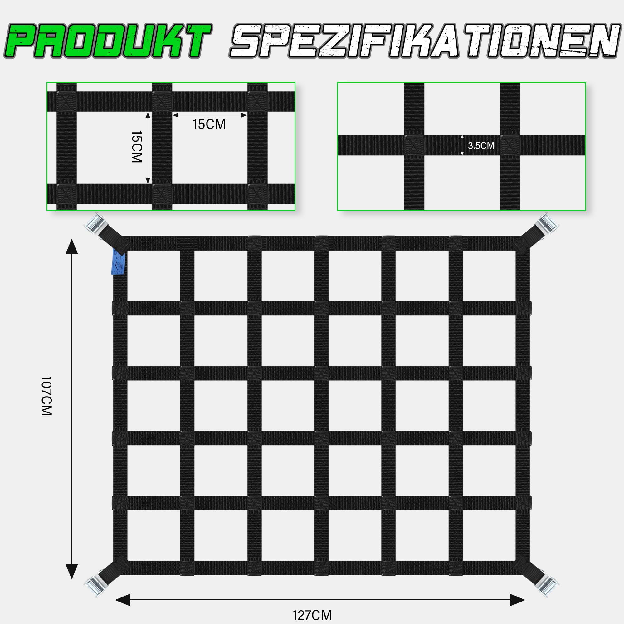 STARLEAPARTS Gepäcknetz für Pickup LKW 1,27x1,07m, Cargo Net für Anhänger, BS:500KG, S Haken, Frachtnetz Reißfest mit 4 Festen Gurten, Verstellbar Ladungssicherungsnetz für SUV Truck Auto