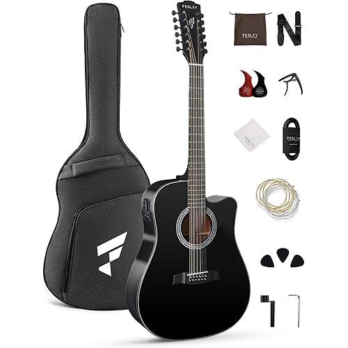 Fesley 12 String Guitar: 42" Full Size Acoustic Electric Guitars for Beginners Adults, Spruce Top Guitarra Acustica, Cutaway Guitar Bundle with Gig Bag, Picks, Strings, Strap, Gloss, Black