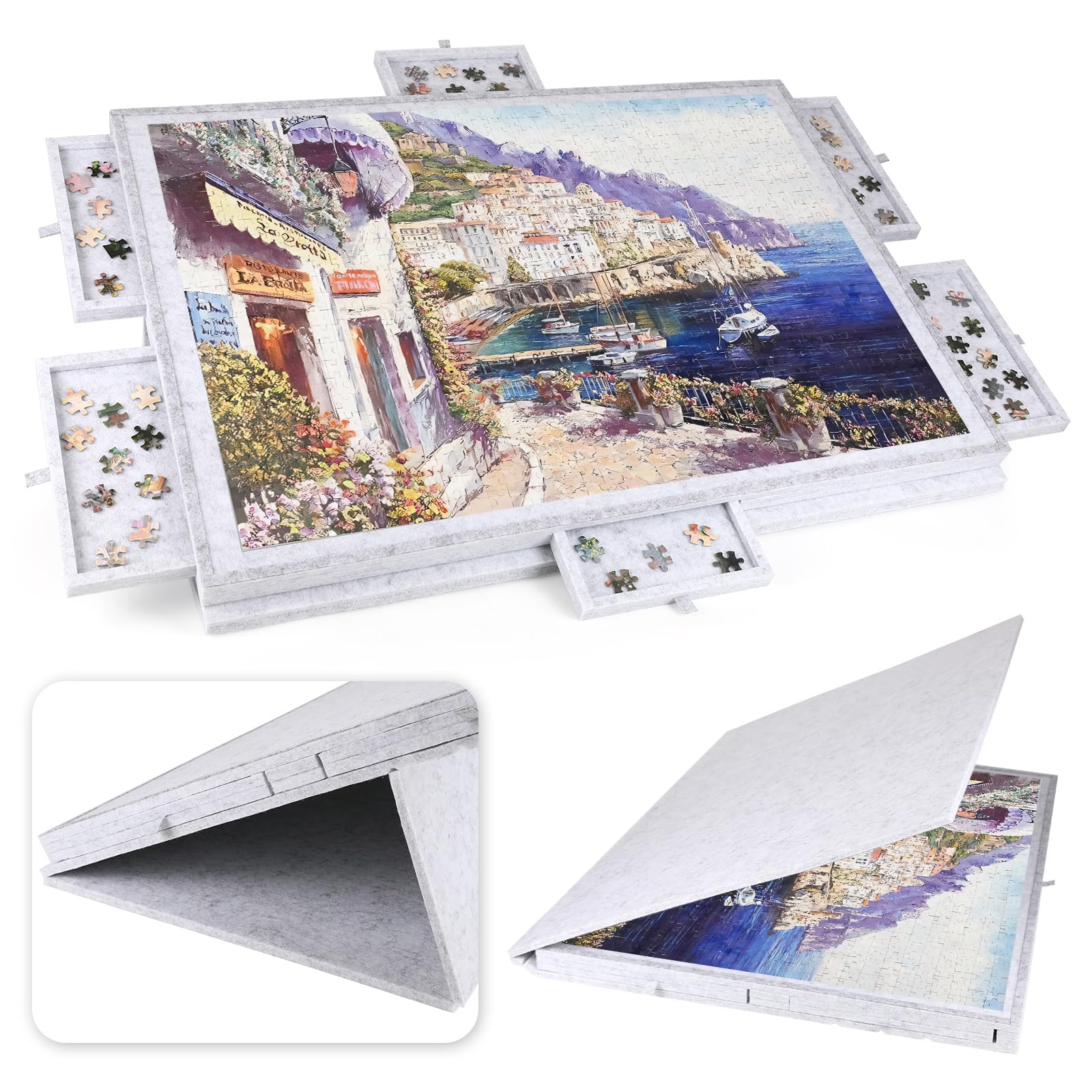 Ruication Tilting Jigsaw Puzzle Board 2-in-1 Designed Stand & Cover Lightweight Felt Jigsaw Board with 6 Drawers Portable 1500 Pieces Jigsaw Puzzle Table for Games Adults Gift