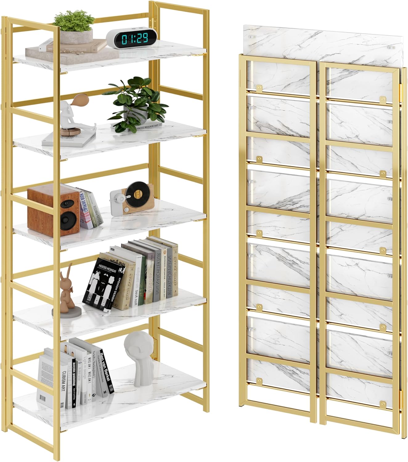 BHG No Assembly Folding Bookshelf for Living Room, 5 Tier Gold Collapsible Book Shelf for Home Office, Portable Bookcase Storage Organizer 5-tier Marbled