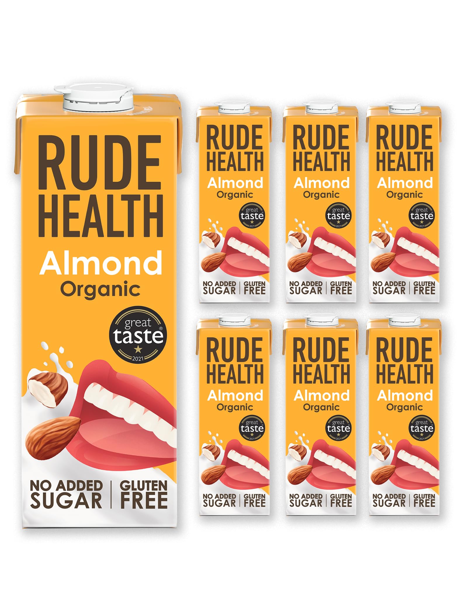 Rude Health 6 x 1 Litre Organic Almond Dairy-Alt Milk, 100% Natural Organic Drink, Lactose Free, Dairy Free & Gluten-Free, No Added Sugar, Award-Winning, Healthy & Vegan, 100% Recyclable Packaging