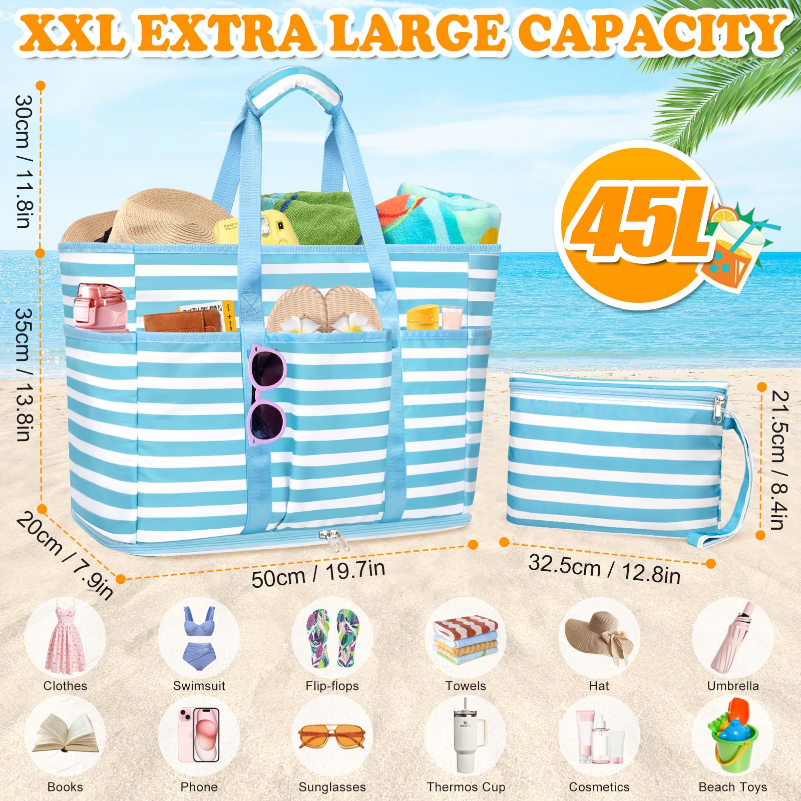 TEUEN Grand Borsa Mare con Zip Donna, 45L Borsa Mare XXL Famiglia con Zip Pieghevole Borsa da Spiaggia Impermeabile Borsa Beach Tote Bag per Piscina,Viaggio,Shopping,Vacanze