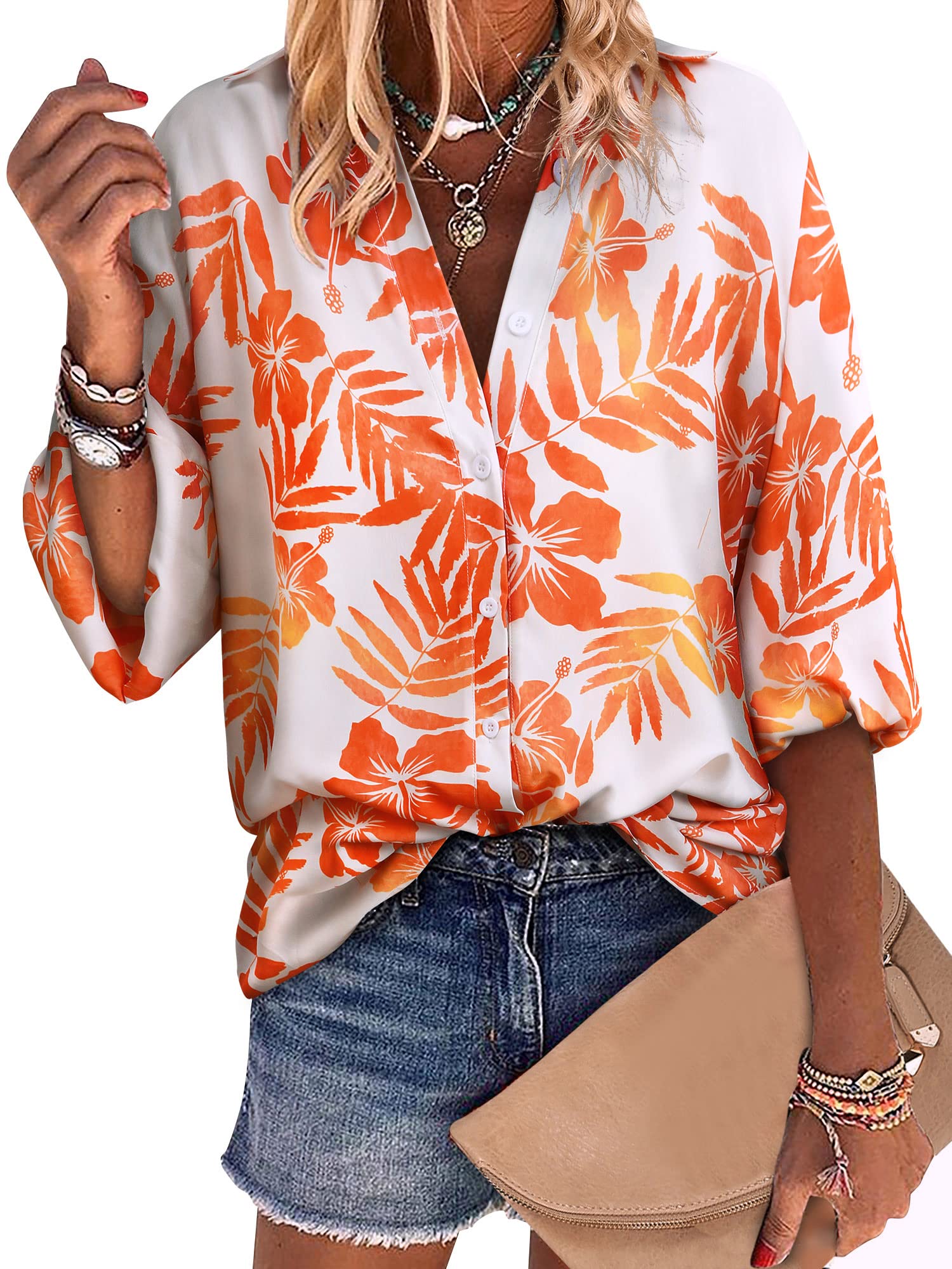 ZXZY Women Pineapple Printed Lapel Collar Half Sleeves Buttons Down Blouse Shirt
