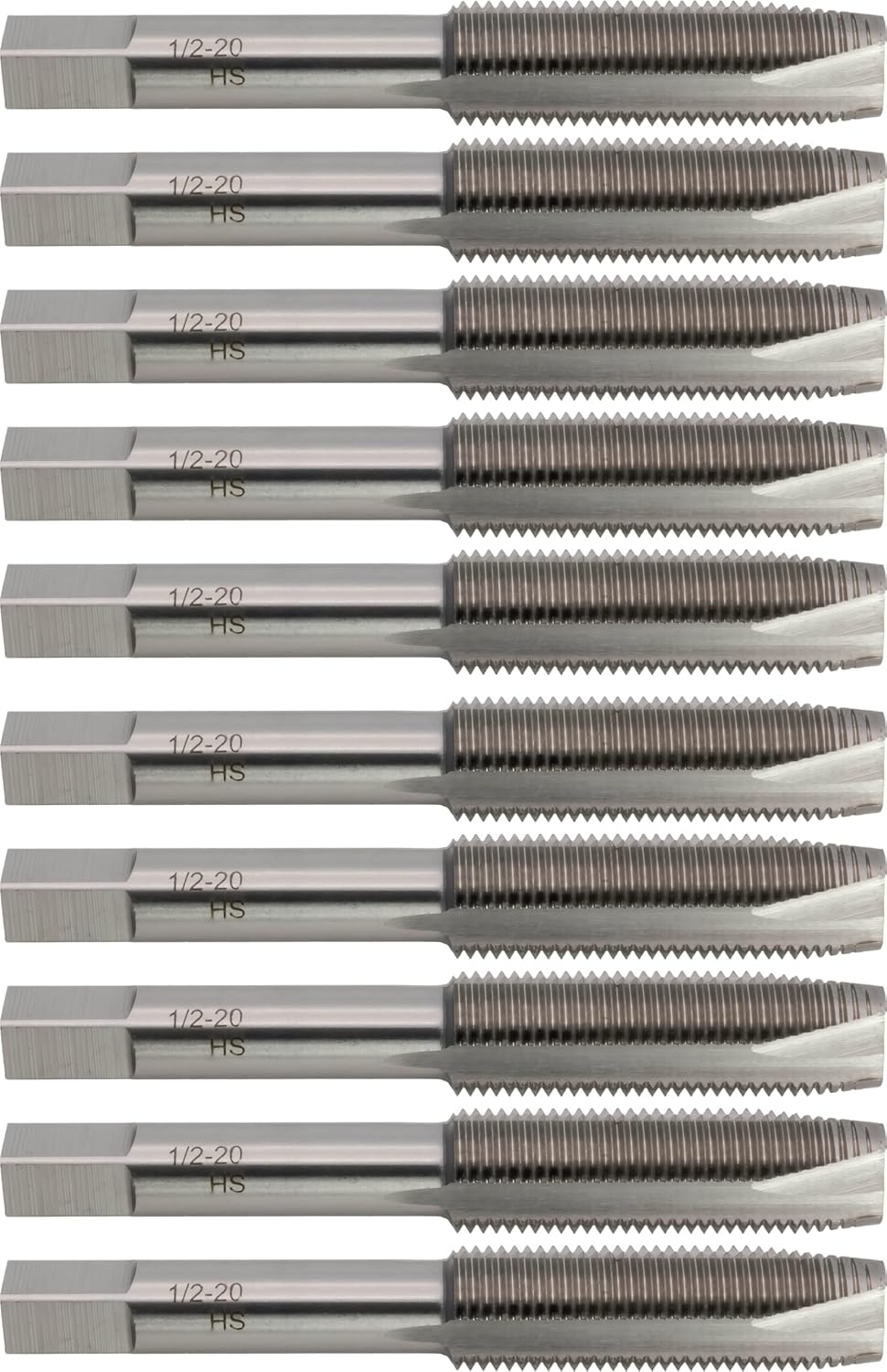 10 pcs M2 High-Speed Steel Spiral Point Taps, 1/2-20 UNF, Plug Chamfer, H3, 3 Flute, Bright (Uncoated) Finish