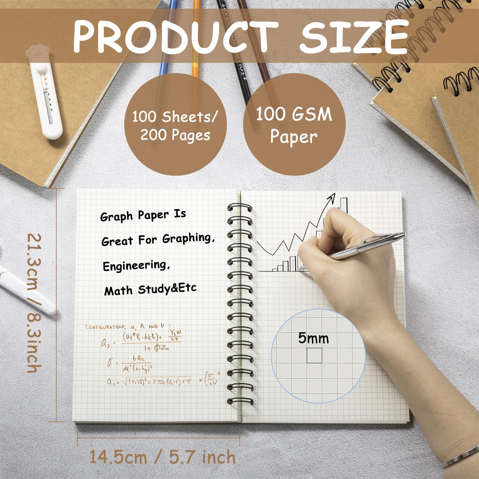 Geyoga Paquete de 12 cuadernos en espiral de papel gráfico A5 a granel de 8.3 x 5.7 pulgadas, cuadrícula cuádruple, diarios gráficos en espiral, 100 g/m², 200 páginas, tapa dura para oficina e