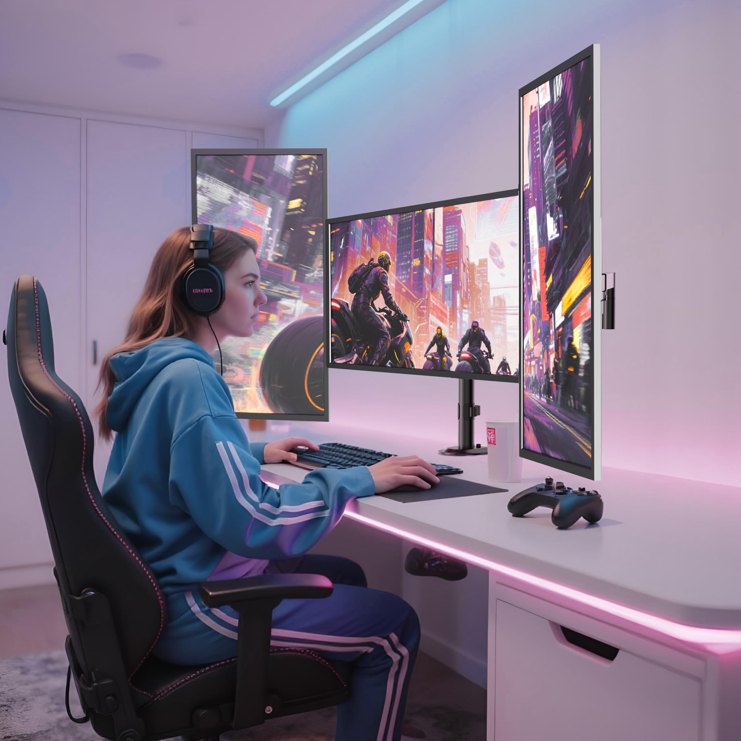 Monitor Halterung 3 Monitore 13-27", VESA 75/100, je 10kg, voll verstellbar | Triple Halterung, Höhenverstellbar, Ergonomisch Tischklemme, Schwarz, Neigung & Drehung verstellbar, Homeoffice & Gaming
