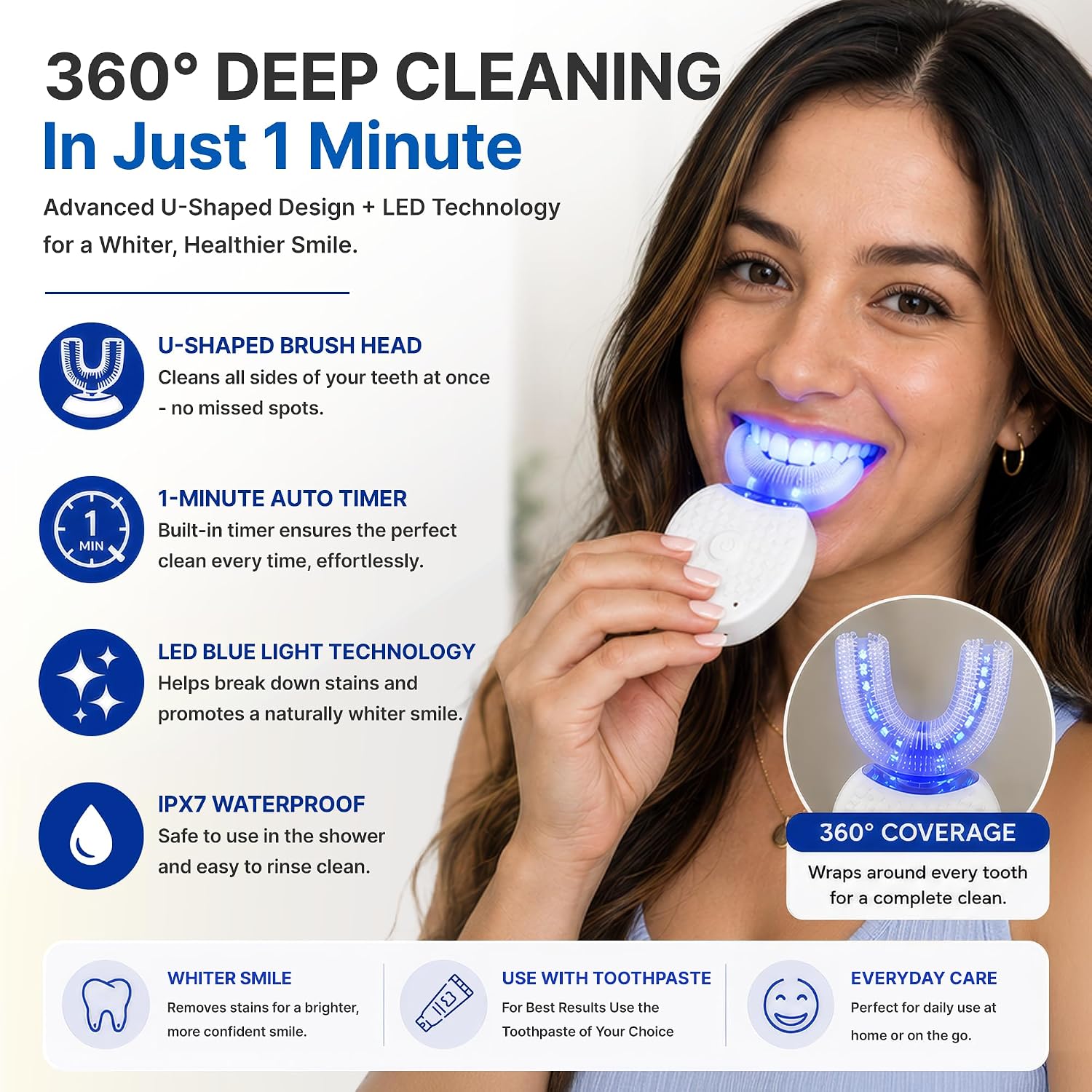 360 Brite U-Shaped Sonic Glow Brush for Adults Full Mouth Toothbrush