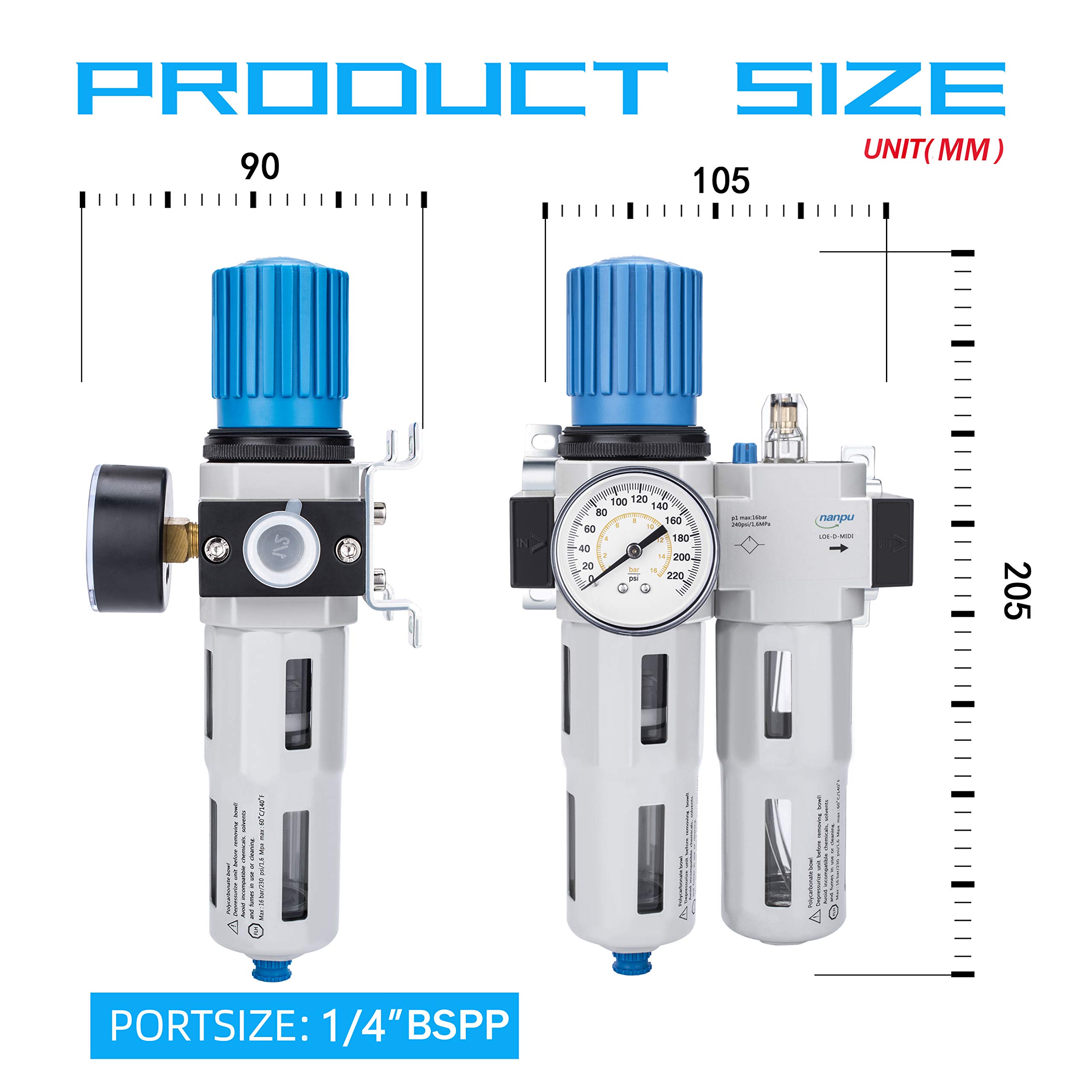 NANPU 1/4" BSP Filtro, Regulador y Aparato Lubricante de Aire, Alta Presión, Aleación de Zinc, Elemento de Latón de 5 μm, Drenaje Semiautomático, Soporte de Metal, Manómetro de 0-10Bar